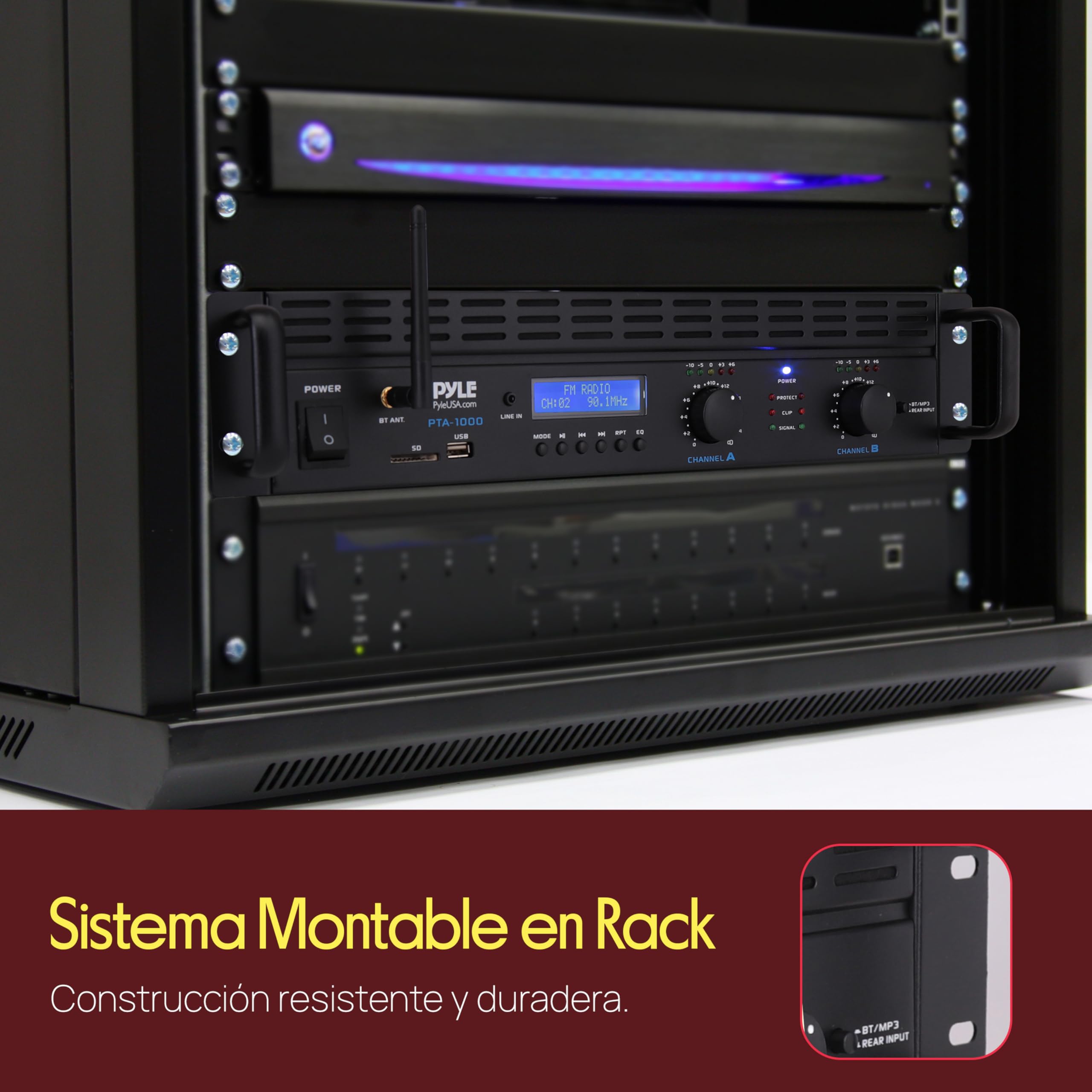Pyle Amplificador de Potencia Bluetooth de 2 Canales, 2000 W, Montaje en Rack, Receptor estéreo inalámbrico de Audio Profesional con Entrada TRS XLR, LCD, Modo Puente, Ventilador de refrigeración
