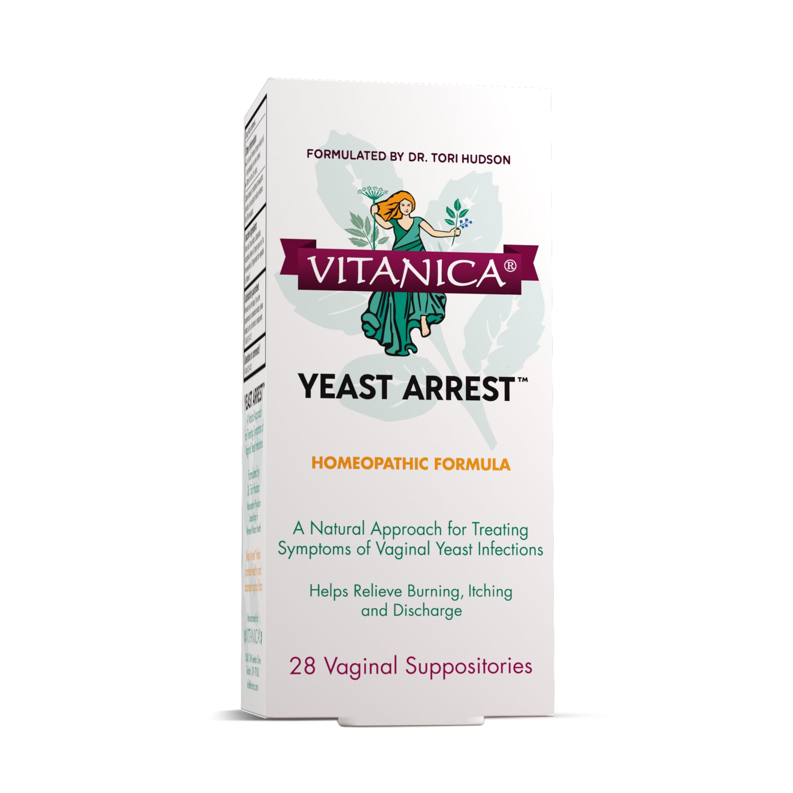 Vitanica Yeast Arrest, Homeopathic Vaginal Suppositories, for Yeast Infection Symptoms, Relieves Burning, Itching &amp; Discharge, with Boric Acid, Tea Tree Oil &amp; Probiotics, Vegan (Yeast Arrest, 28)