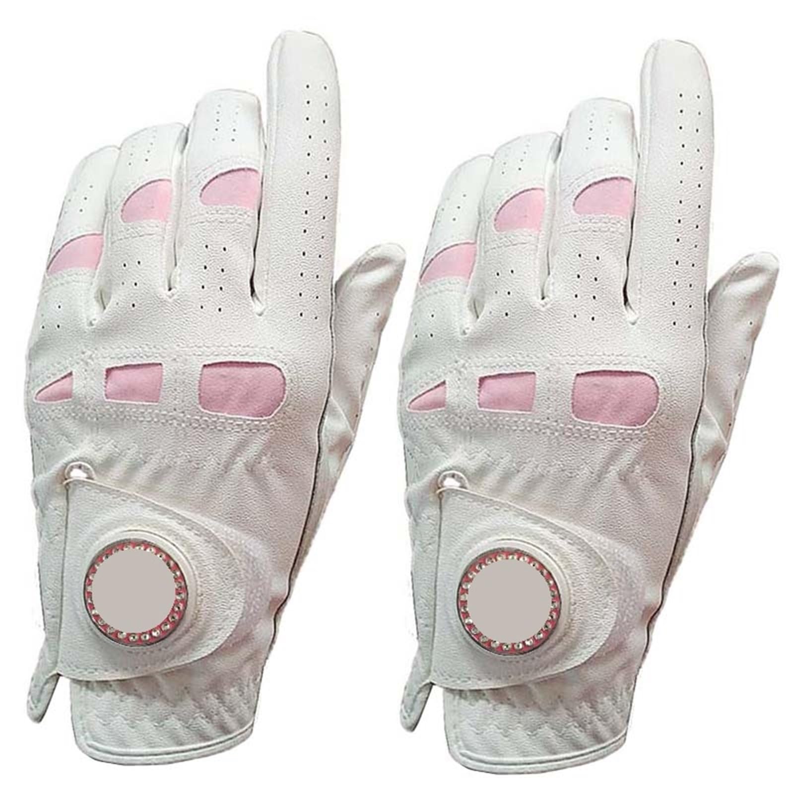 2 Stücke/1 Paar Leder Golf Handschuhe Frauen Mit Bling Ball Marker Extra Grip Links Rechts Hand Rosa Fit Damen Mädchen Golfer für Sport