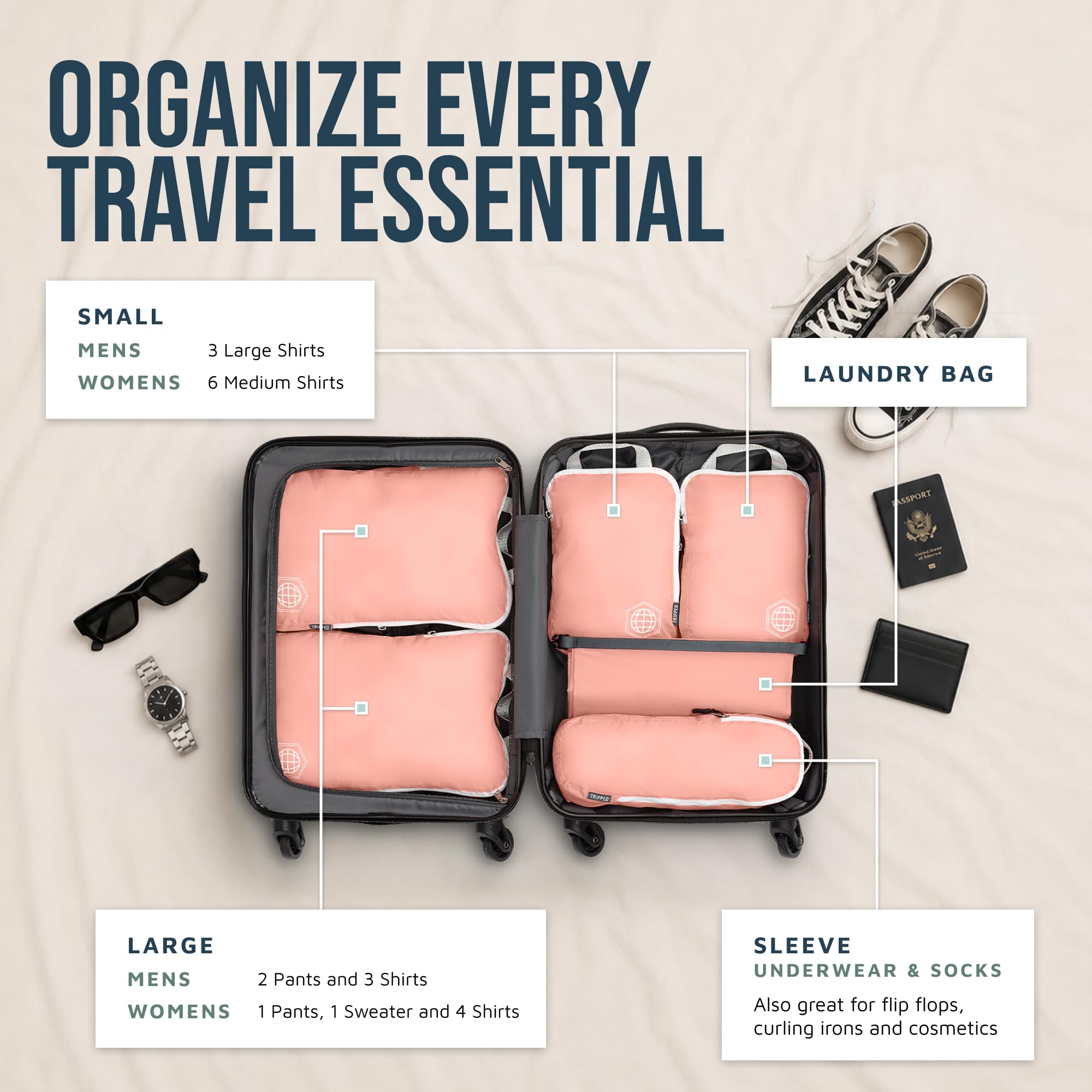Kompressions-Packwürfel-Set für Reisen – leichter, robuster Kleidung-Organizer für Handgepäck und Koffer von TRIPPED Travel Gear, 6 Piece