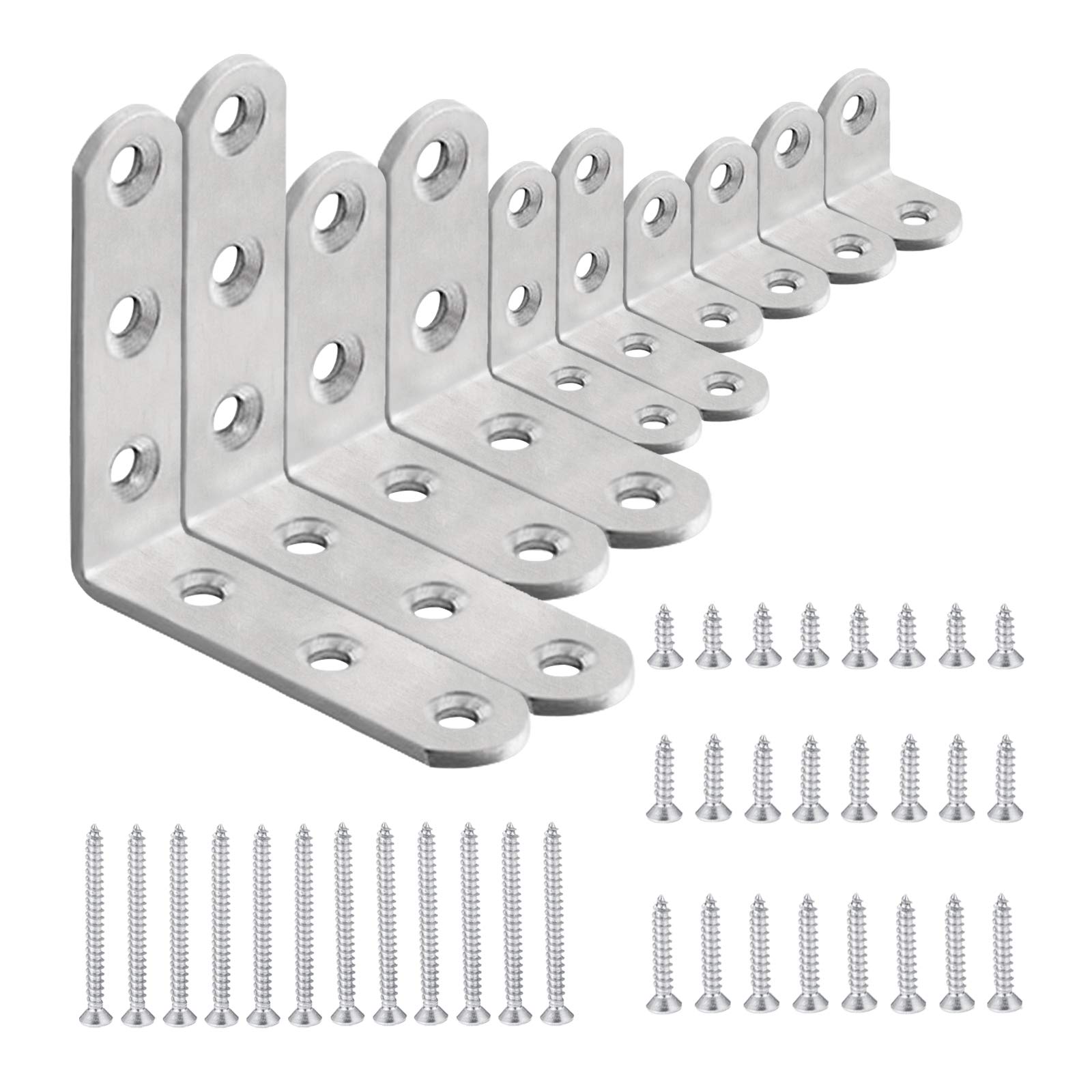 10 Pcs 90 Degree Right Angle L-Shaped Bracket, 4 Size Stainless Steel Corner Braces- 2 Pcs 90 x 90mm,2 Pcs 65 x 65mm,2 Pcs 40 x 40mm,4 Pcs 20 x 20mm with 36 Pcs Screws,for Table, Chair and Shelf