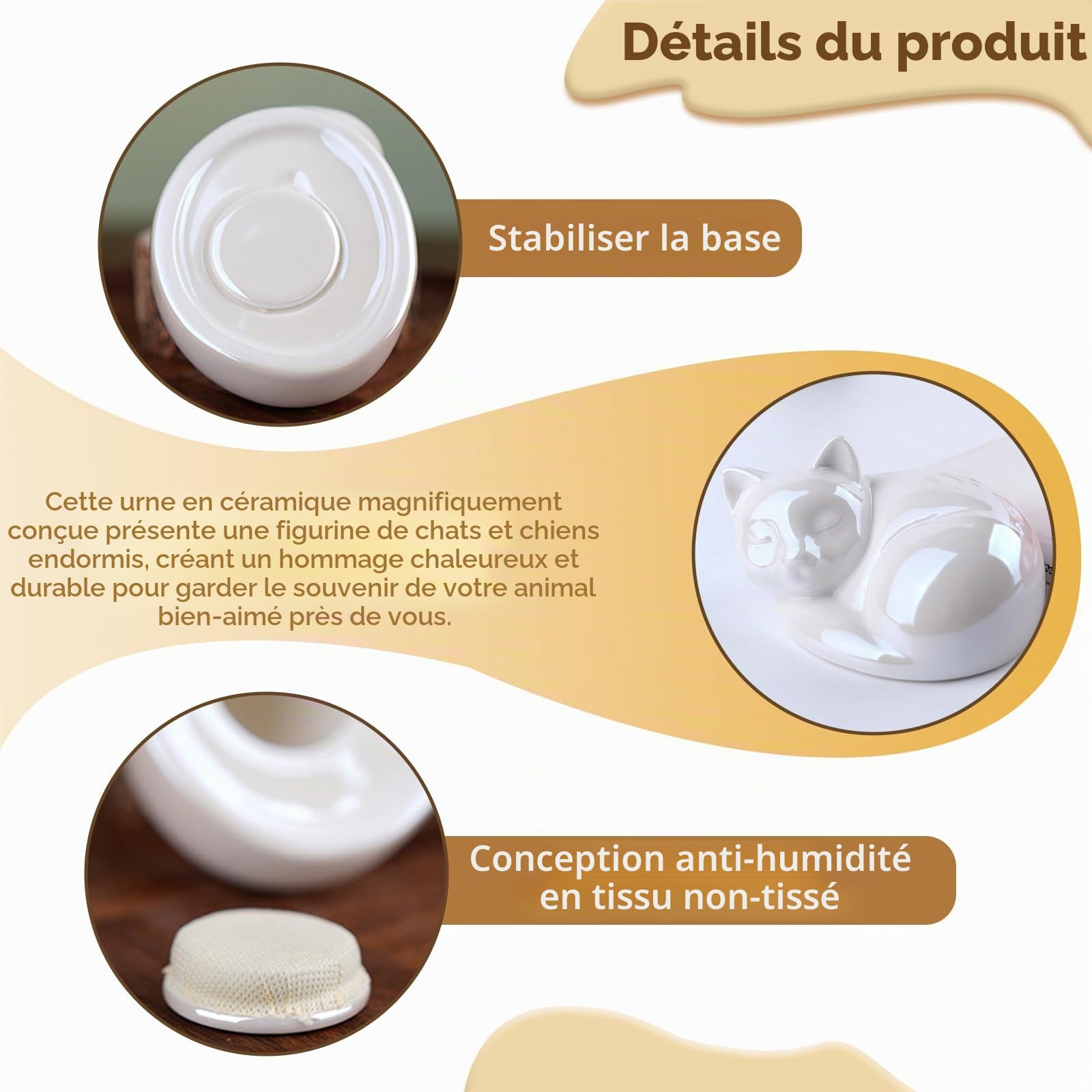 Urne commémorative en céramique pour cendres de chat et chien endormi (blanc mat, chat, 270 ml)