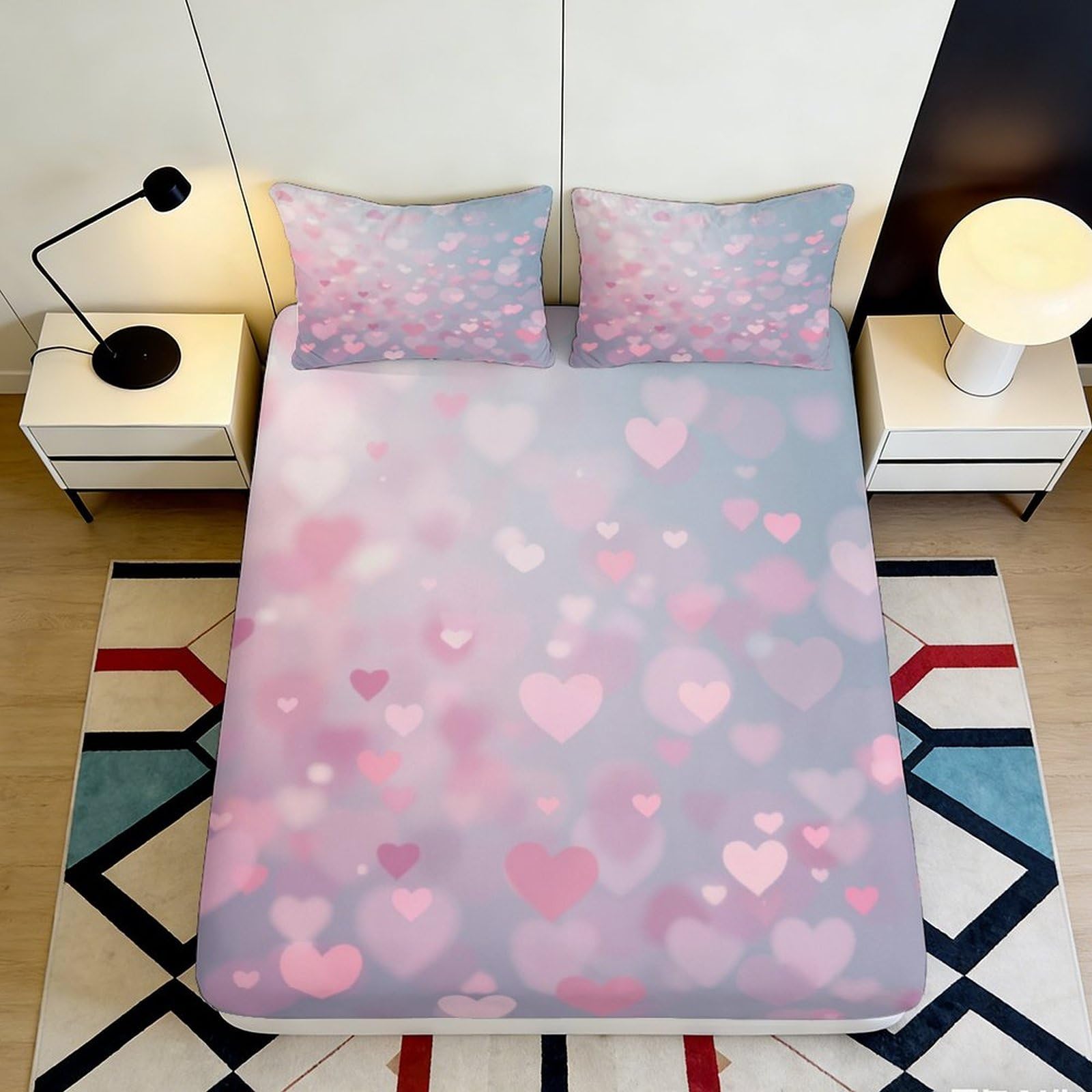 3D Printed Pink Heart Fitted Sheet Microfiber Soft Breathable Love Pattern Mattress Cover for Bedroom Dorm Decor 180x200x25cm