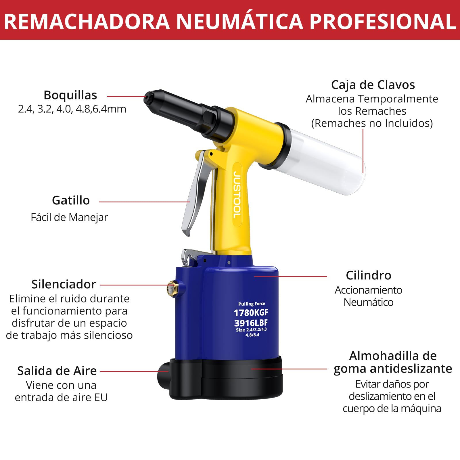 JUSTOOL Remachadora Neumática con 5 Boquillas 2.4mm,3.2mm,4.0mm,4.8mm,6.4mm,1780KGF Pistola de Remachadora Hidraulica Autocebante para la Unión de Materiales