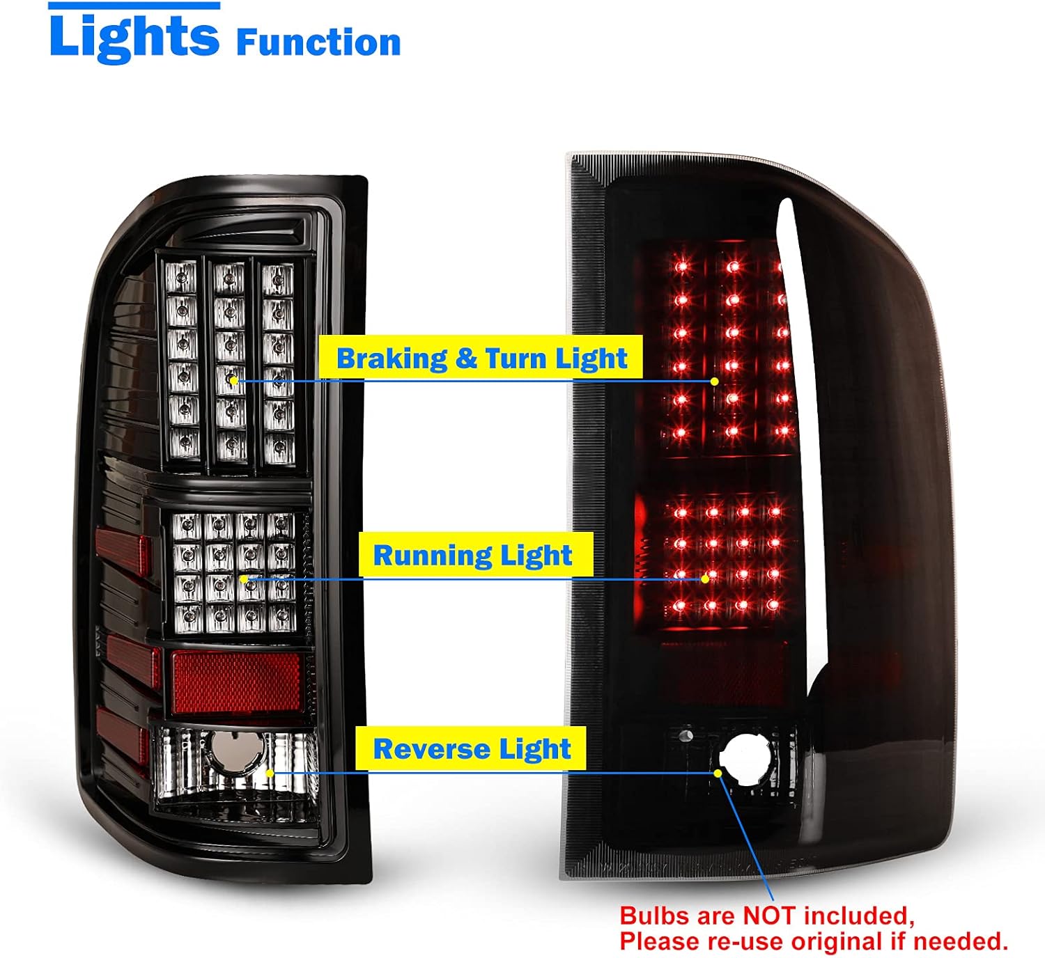 LED Tail Lights Assembly Compatible for 2008-2013 Chevy Silverado 1500, 2008-2014 Chevy Silverado 2500HD/3500HD and 2007-2014 GMC Sierra 3500HD SL, SLE Model Tail Lights Replacement(Smoke Lens)