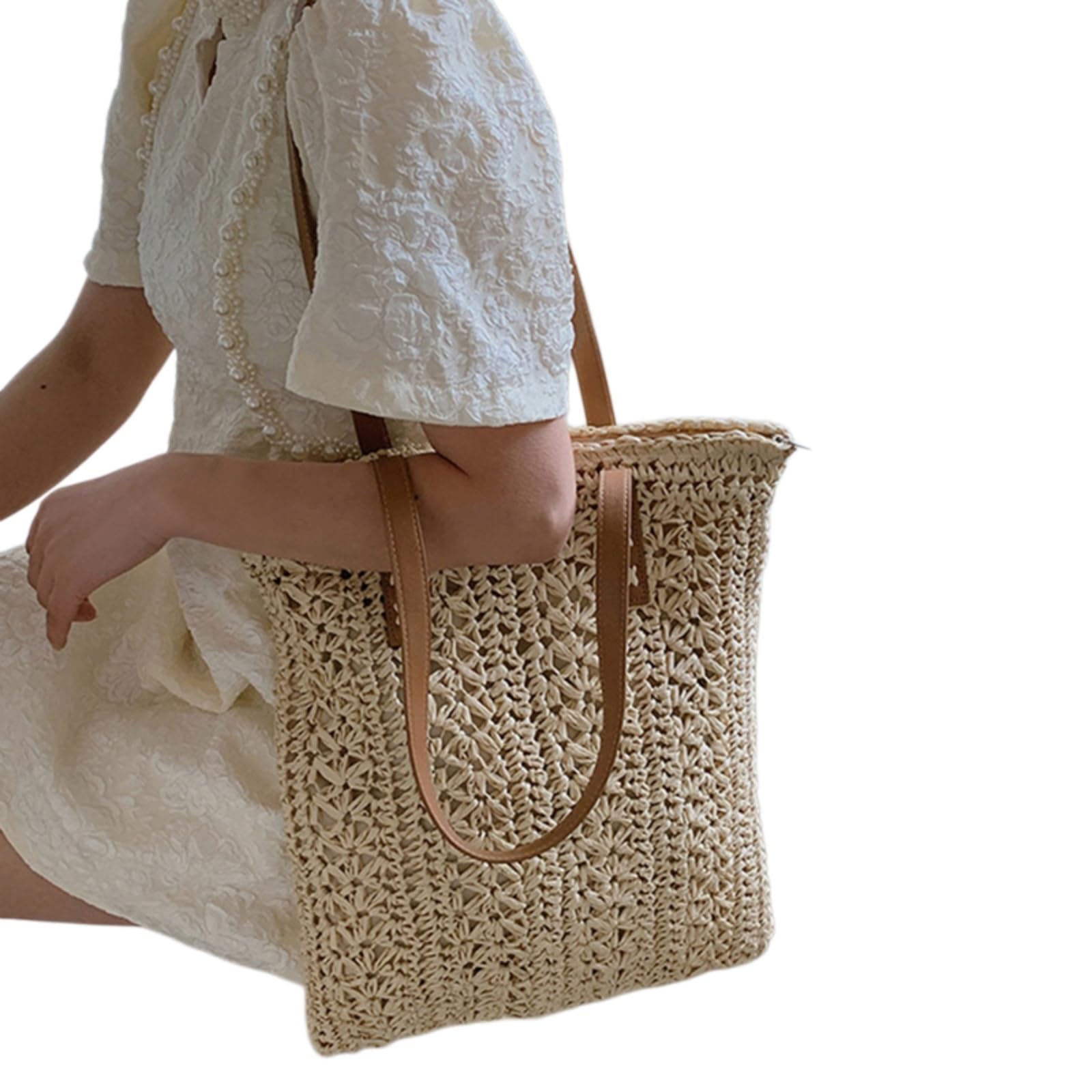 Beauty Case Casual Donne Cavo Tessuto Tote Borsa, Borsa A Tracolla Leggera di Paglia con Stile Naturale Raffia per L'indossamento Giornaliero Estivo