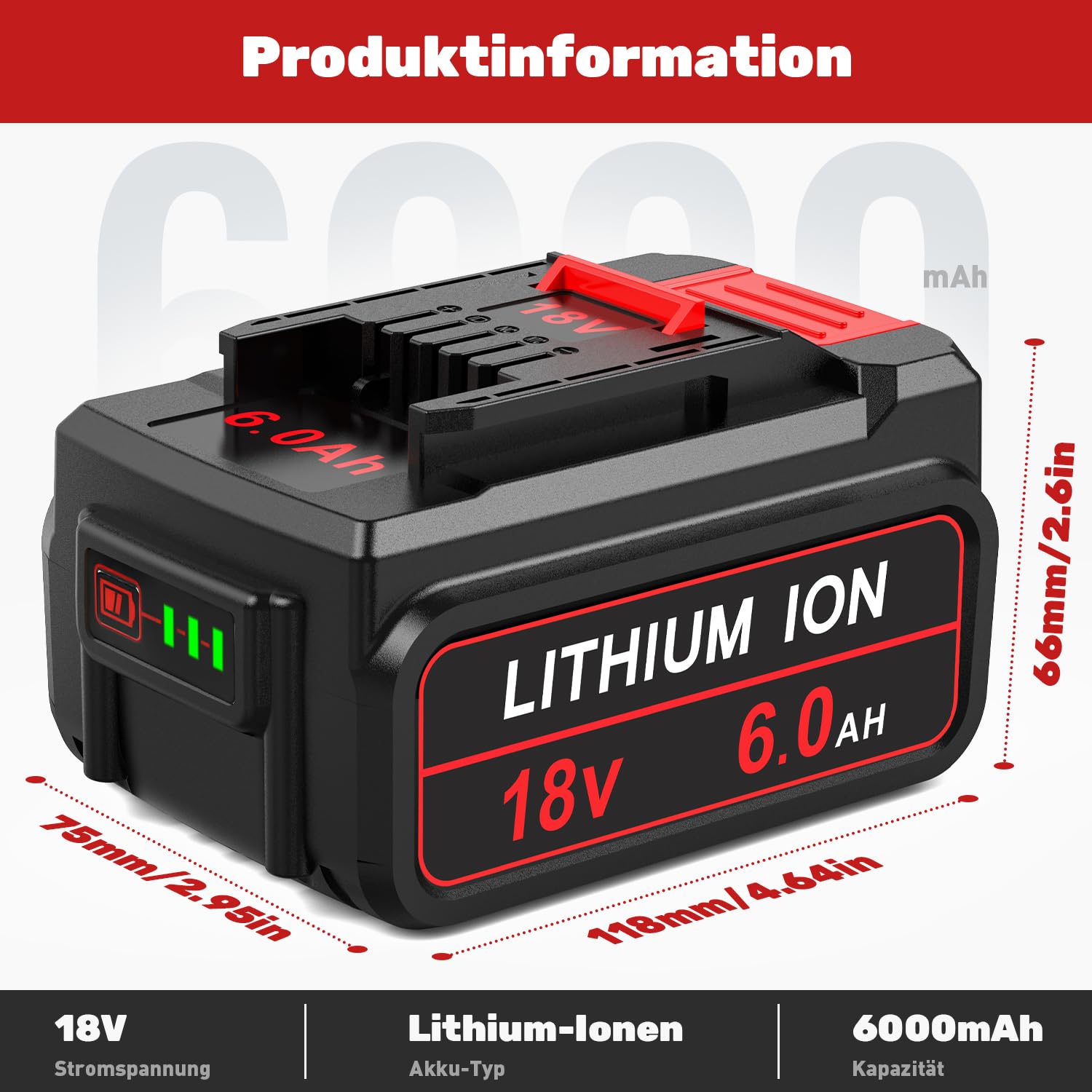 6,0Ah Ersatzakku Kompatibel mit Einhell, 18V 6000mA mit LED-Anzeige Kompatibel mit Allen 18V X-Change Family Werkzeugakkus Geräte(2 Stück)