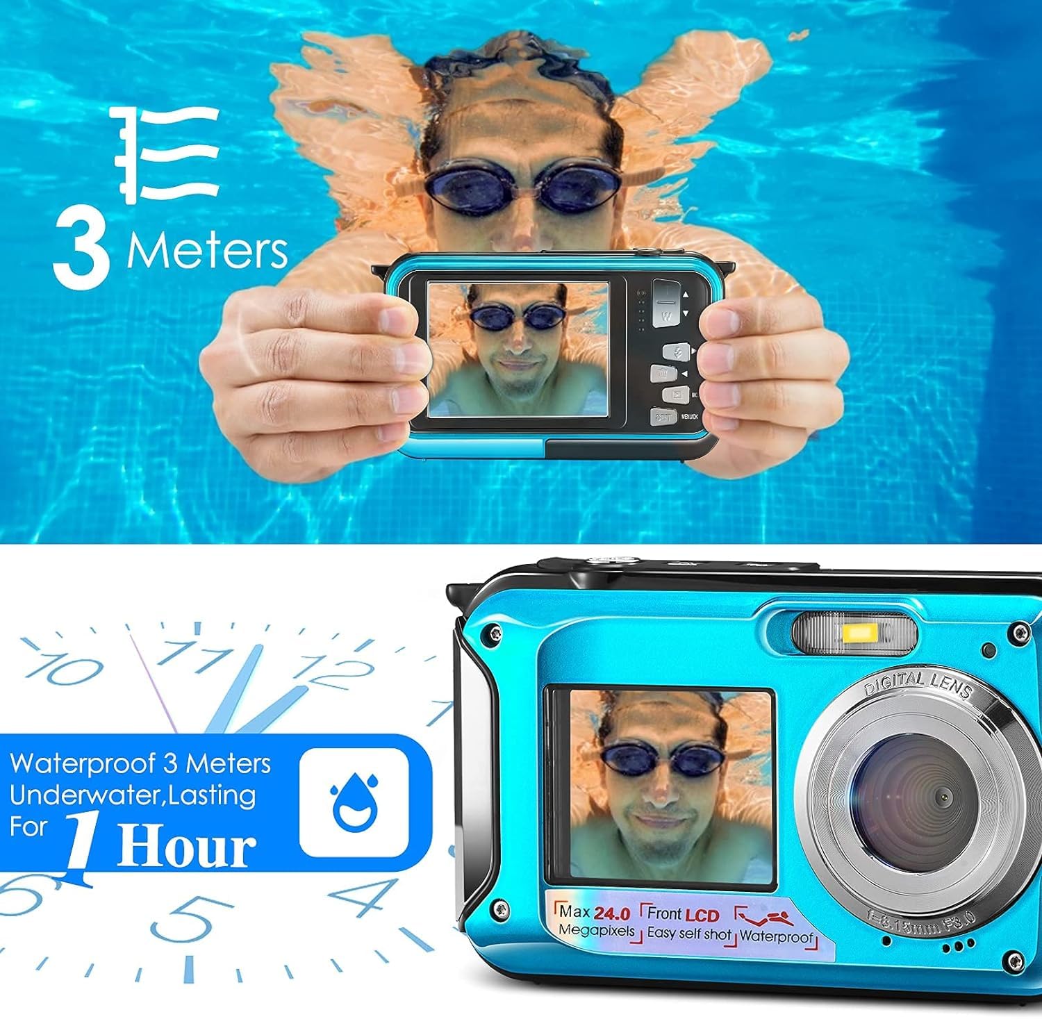Cámara Digital a Prueba de Agua Full HD 2,7 K 48 MP Cámara Impermeable Digital Marina, Zoom Digital 16 cámaras Impermeables con micrófono LED retardador para Adolescentes Alumnos