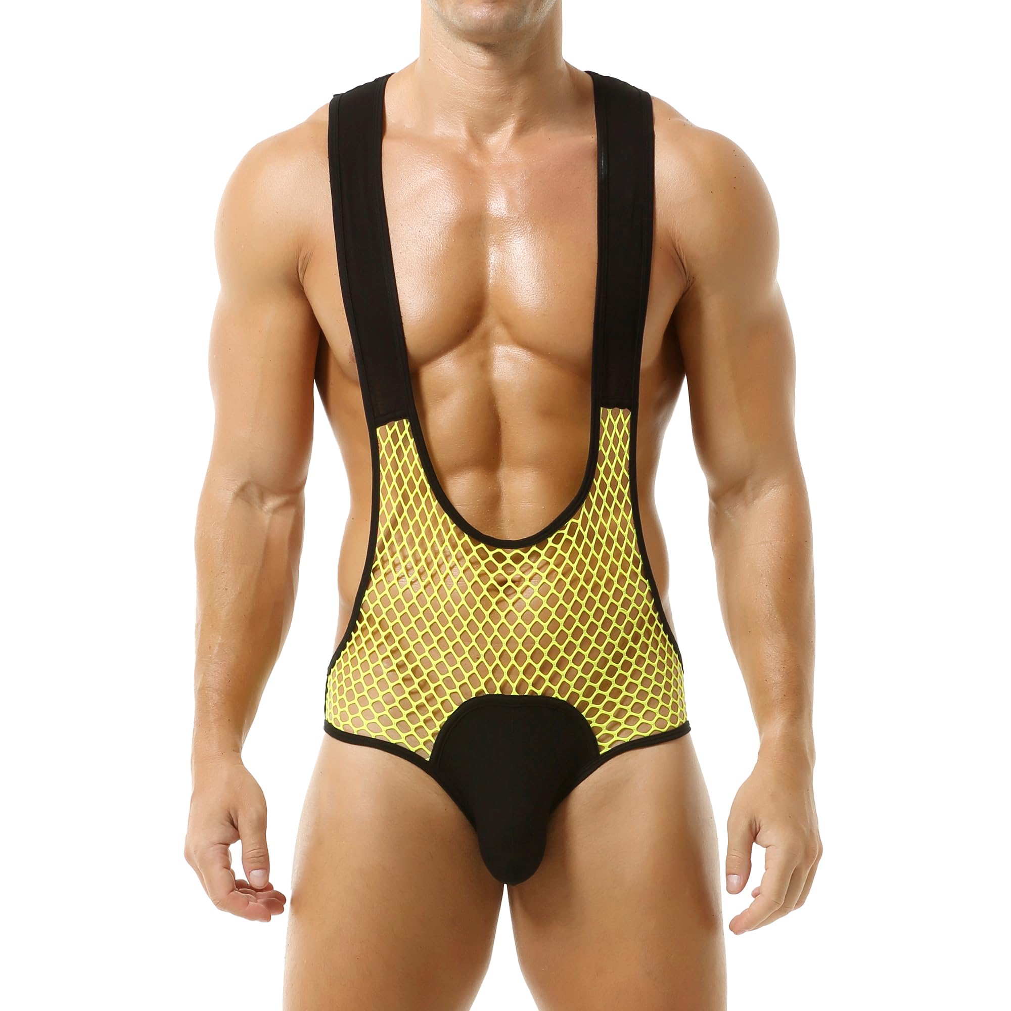YOOBNG Mens Mesh Bodysuit See Through Wrestling Singlet Fishnet Jockstrap Leotrad for Nightwear
