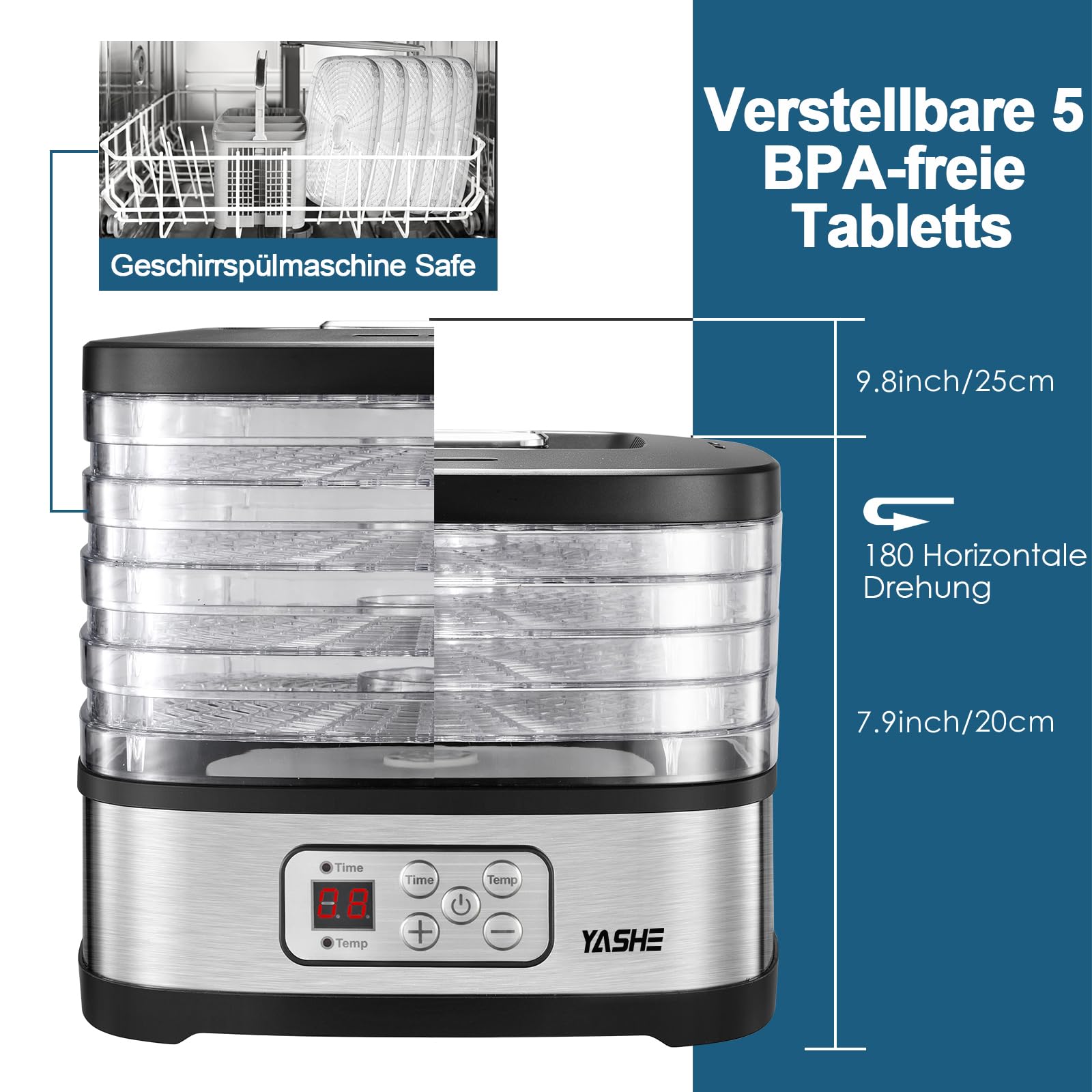 YASHE GGJ-261B Dörrautomat mit LED-Display, Temperaturregelung 35-70°C & 72-Stunden-Timer, 5 höhenverstellbaren Tabletts, Dörrgerät für Obst und Gemüse, 240 Watt, BPA-frei