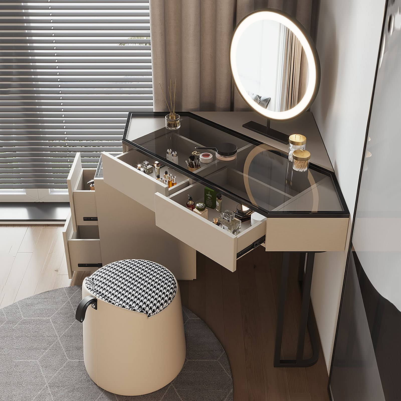 Sedia Toeletta Lino SGABELLO TOELETTA ESITURO - RIPIANO PORTAOGGETTI, TELAIO METALLO, RIVESTIMENTO LINO, BIANCO/ARGENTO Toilette Trucco Con Sgabello