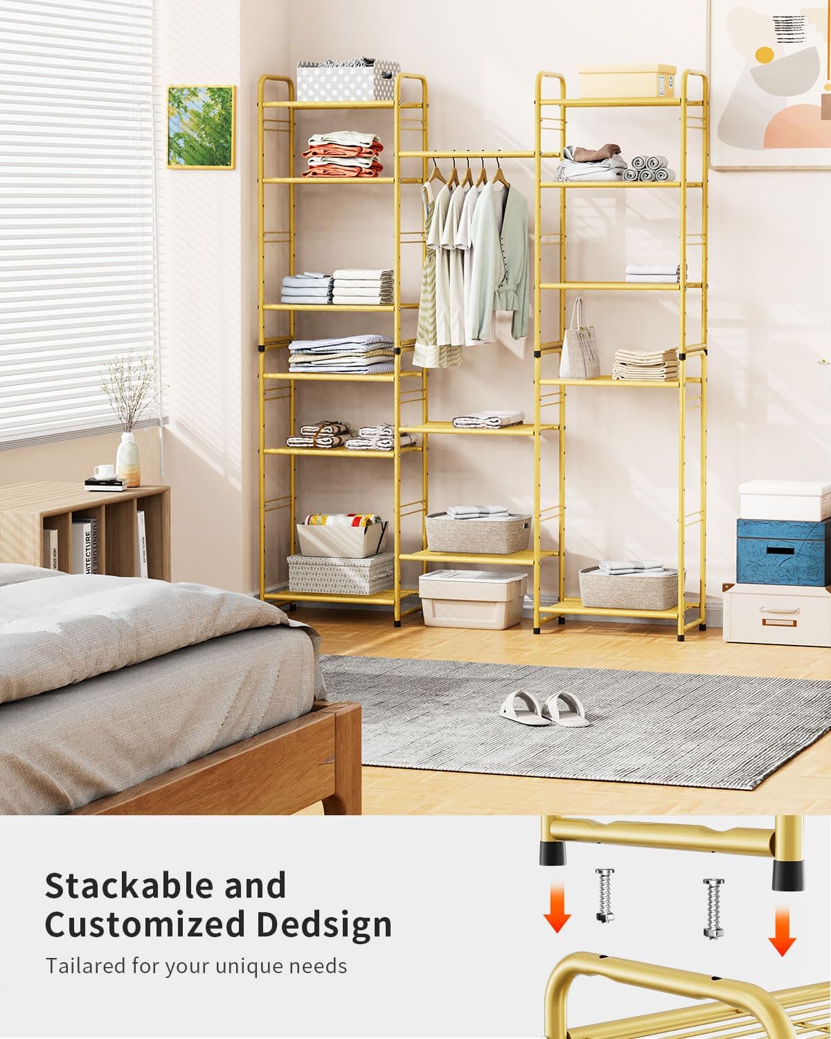 4 Tier Wire Shelving Storage Rack Outdoor Indoor Waterproof, Stackable Heavy Duty Steel 17.7-Inch Bathroom Shelf Organizer, Perfect for Kitchen Pantry Closet, Gold