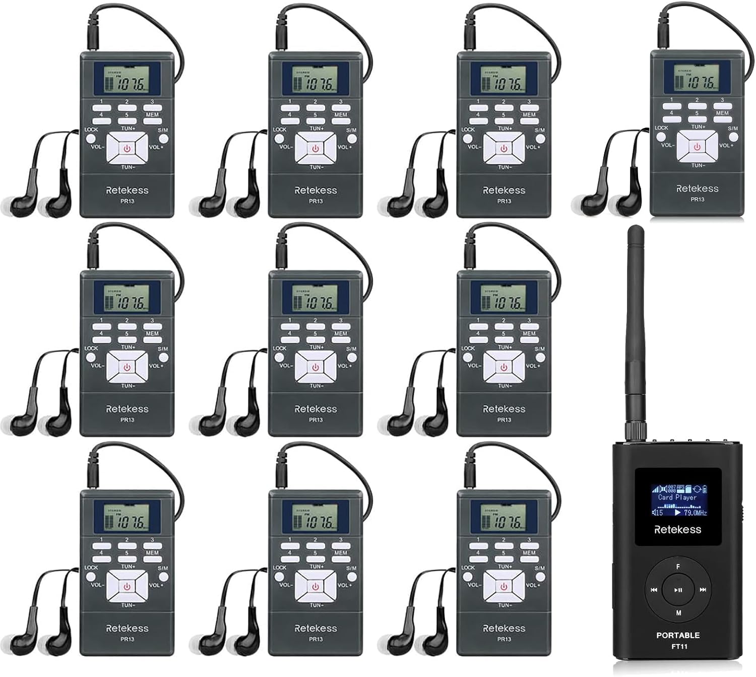 Retekess FT11 FM Transmitter, Portable FM Broadcast Transmitter with MIC and 10 PR13 FM Radio Receiver, for Church, Drive-in Movie, Parking Lot