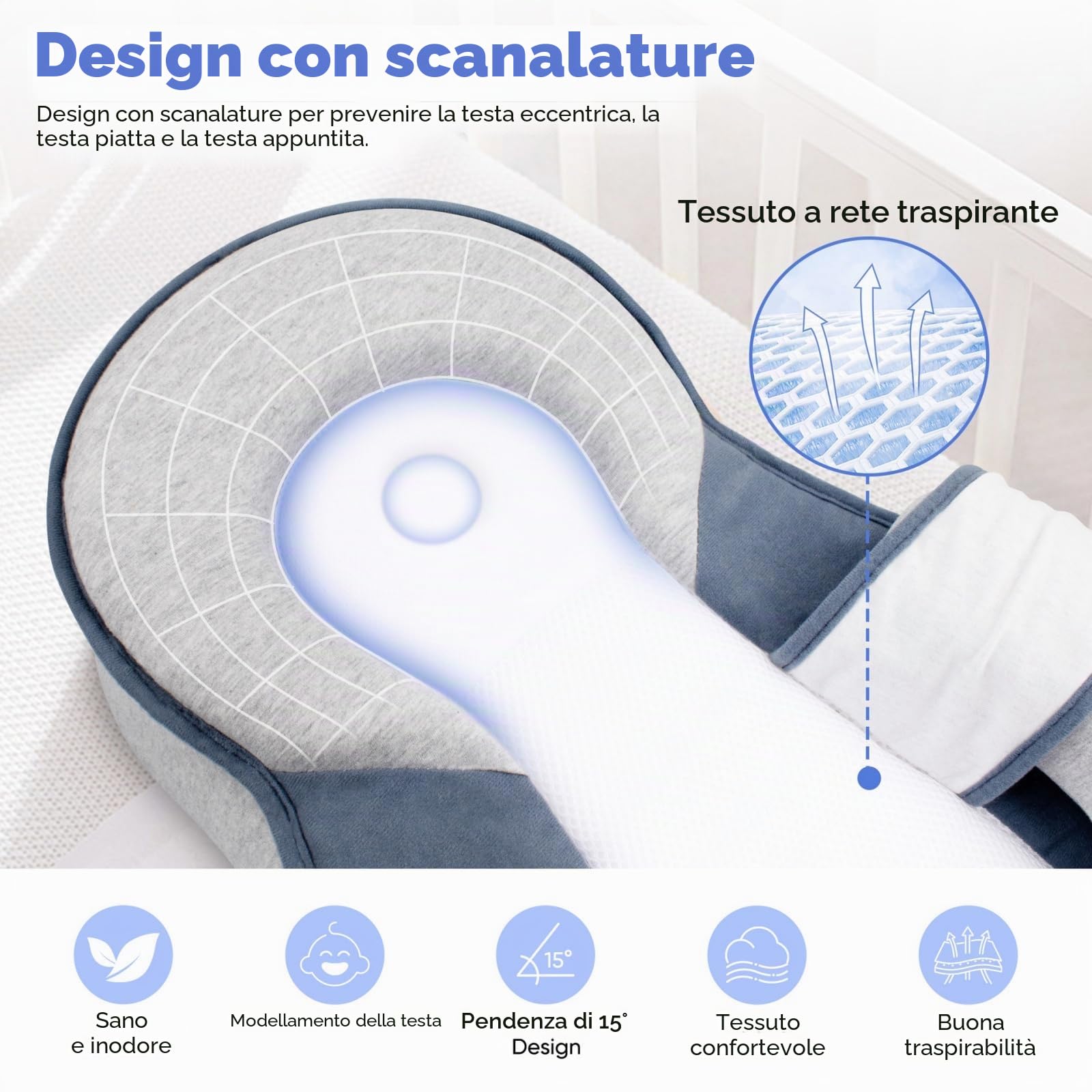 Cuscino per Neonati per reflusso e digestione - Inclinazione 15°, Cinghie di Sicurezza, Supporto ergonomico, Cuscino per L'Allattamento, Grande 25,6" x15,7 x11,8