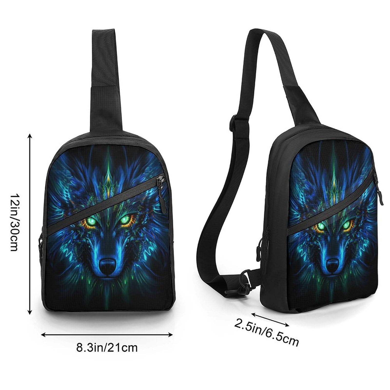 Wolf with Green Eyes Chest Bag Foldable Crossbody Unisex Pack Travel Hiking Adjustable Shoulder Straps Sling Bags
