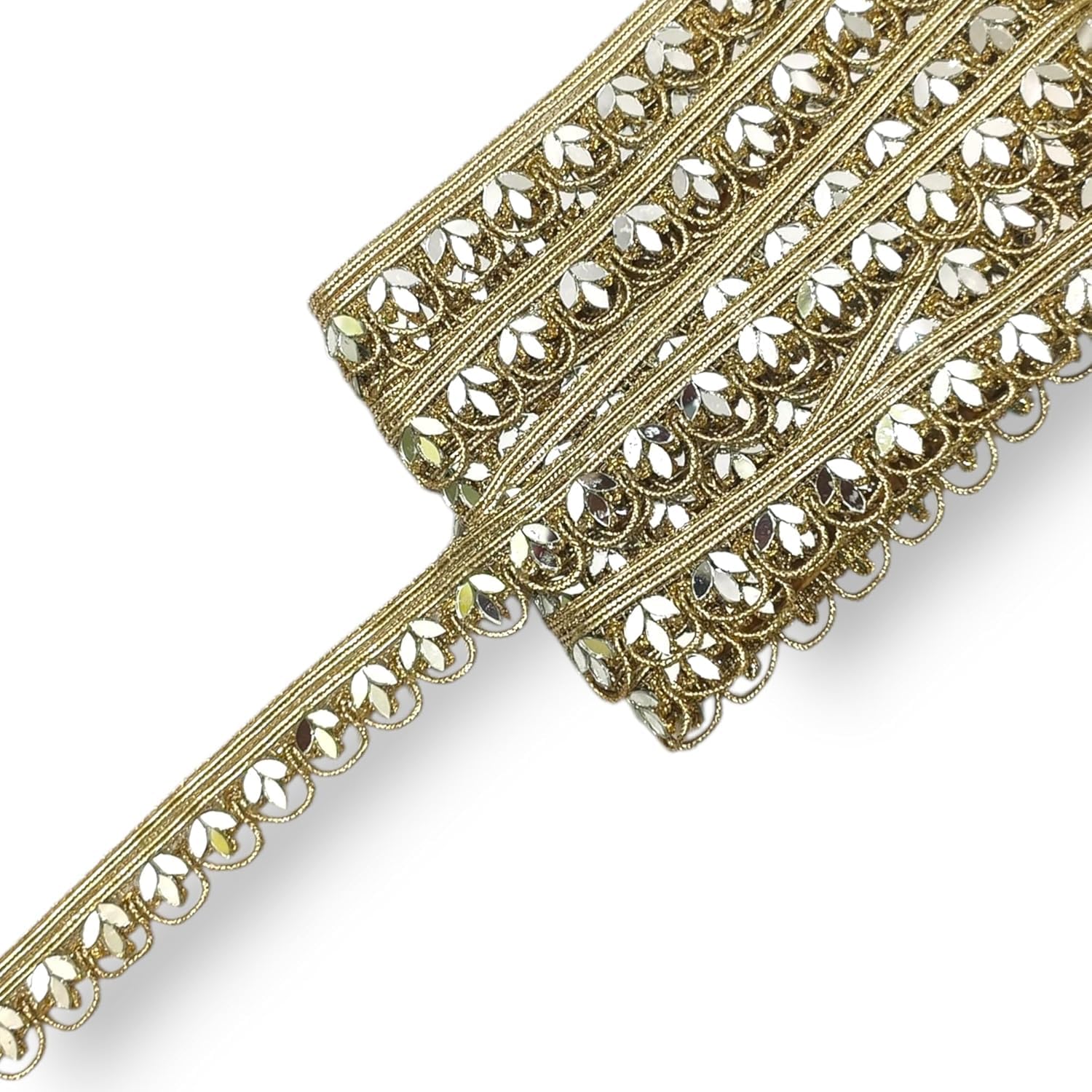 Small Tilak Shape Mirror Work lace, Mirror lace Handwork Border for Craft n Decorating Fabrics (Anmol Gold Royal) (Light Golden (palmet))-image-4