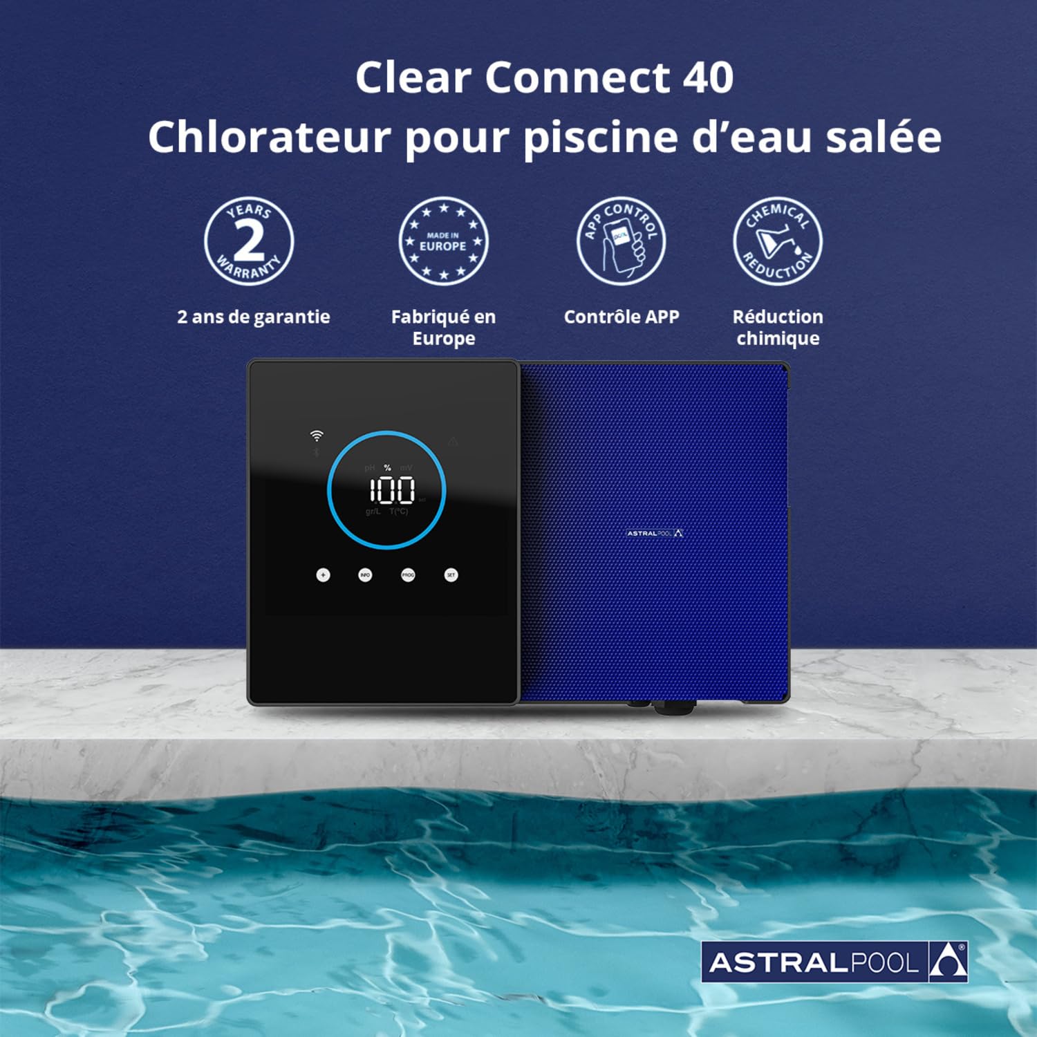 Clear Connect 40 - Chlorinateur d'eau salée - Nettoyeur de Piscine - sans Produits Chimiques - Électrolyse au sel - Astralpool