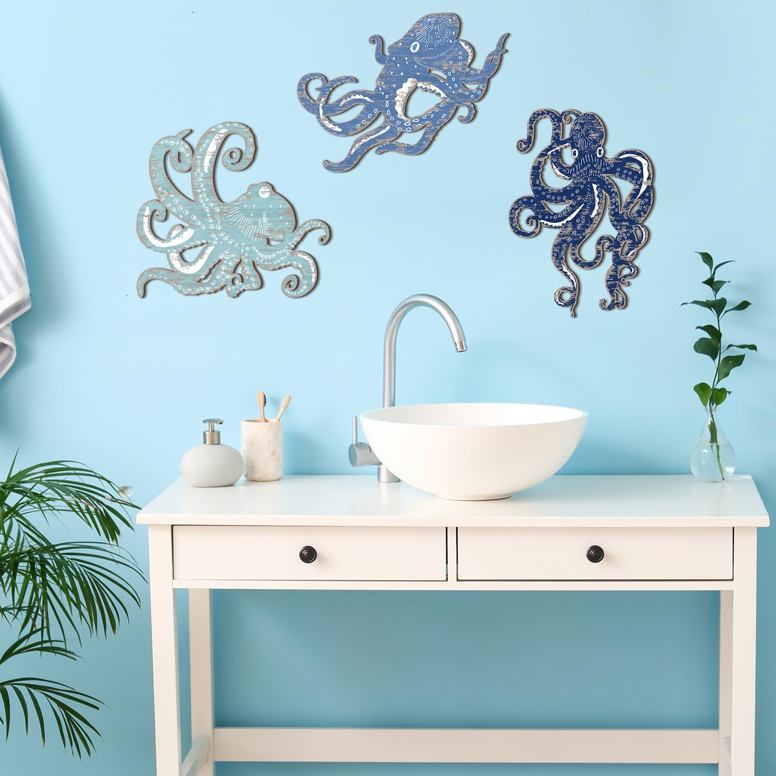 Vercraft Oktopus Wanddekoration Aus Holz – 3-tlg. Set In Blau, Nautischer Deko Für Wohnung & Bad