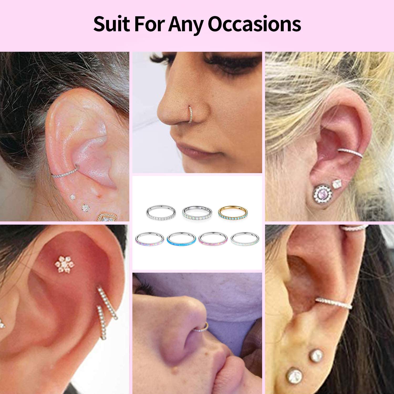 hengkaixuan CZ/Opal Nose Rings Conch Jewellery Septum Clicker 316L Surgical Steel Segment Ring Helix Cartilage Earrings Hoop Daith Tragus Rook Piercing Jewellery — view 6