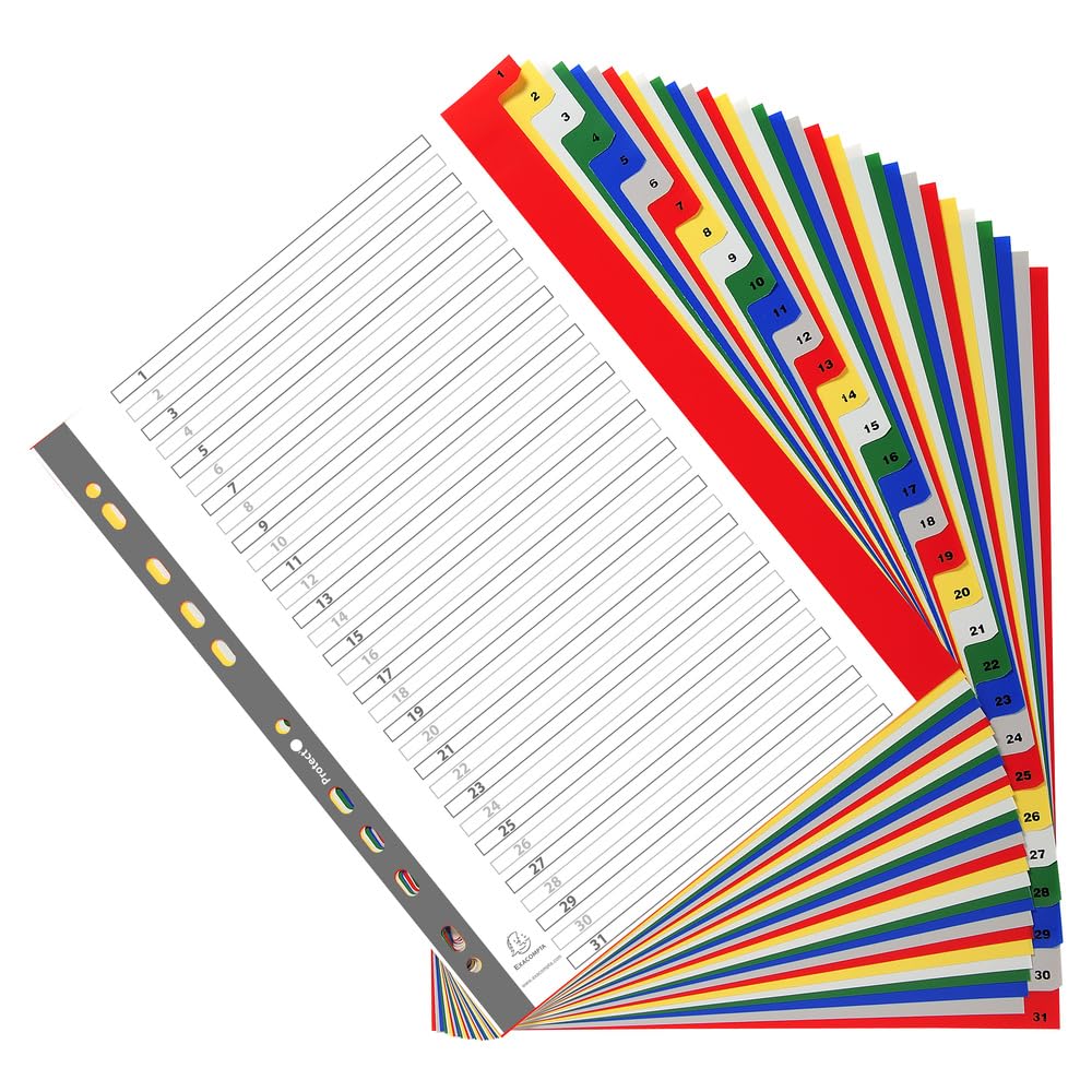 Exacompta - Nr ref. 88E - karton z 20 zakładkami z polipropylenu z 31 drukowanymi cyfrowo zakładkami od 1 do 31 w kolorze - strona indeksu do nadruku - do formatu A4 Maxi - wymiary 24,5 x 29,7 cm