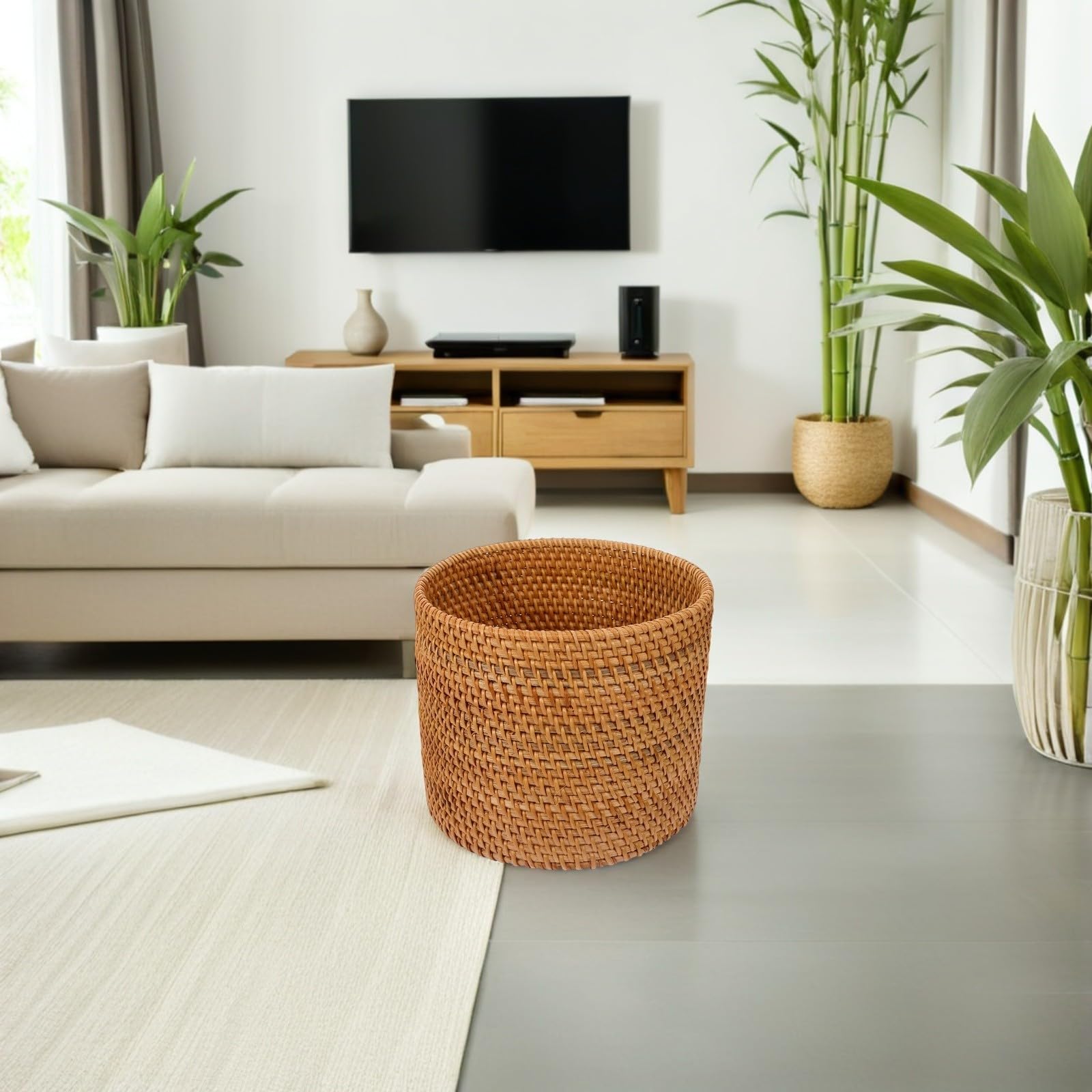 YARNOW 3 Stück Handgeflochtener Runder Mülleimer aus Rattan Dekorativer Aufbewahrungskorb mit Natürlichem Design Praktischer Abfallkorb für Küche und Büro
