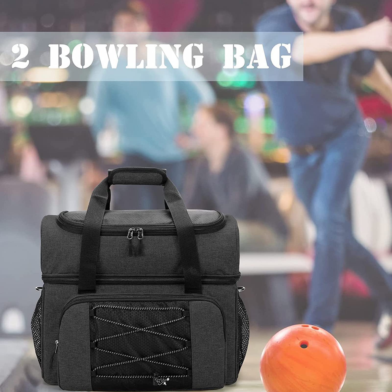 Sac de Bowling KOCAN pour 2 Boules avec Porte-Boule rembourré et Chaussures de Bowling jusqu'à 16 Ans - Noir, 422 x 267 x 343 mm (16.6 x 10.5 x 13.5 inches)