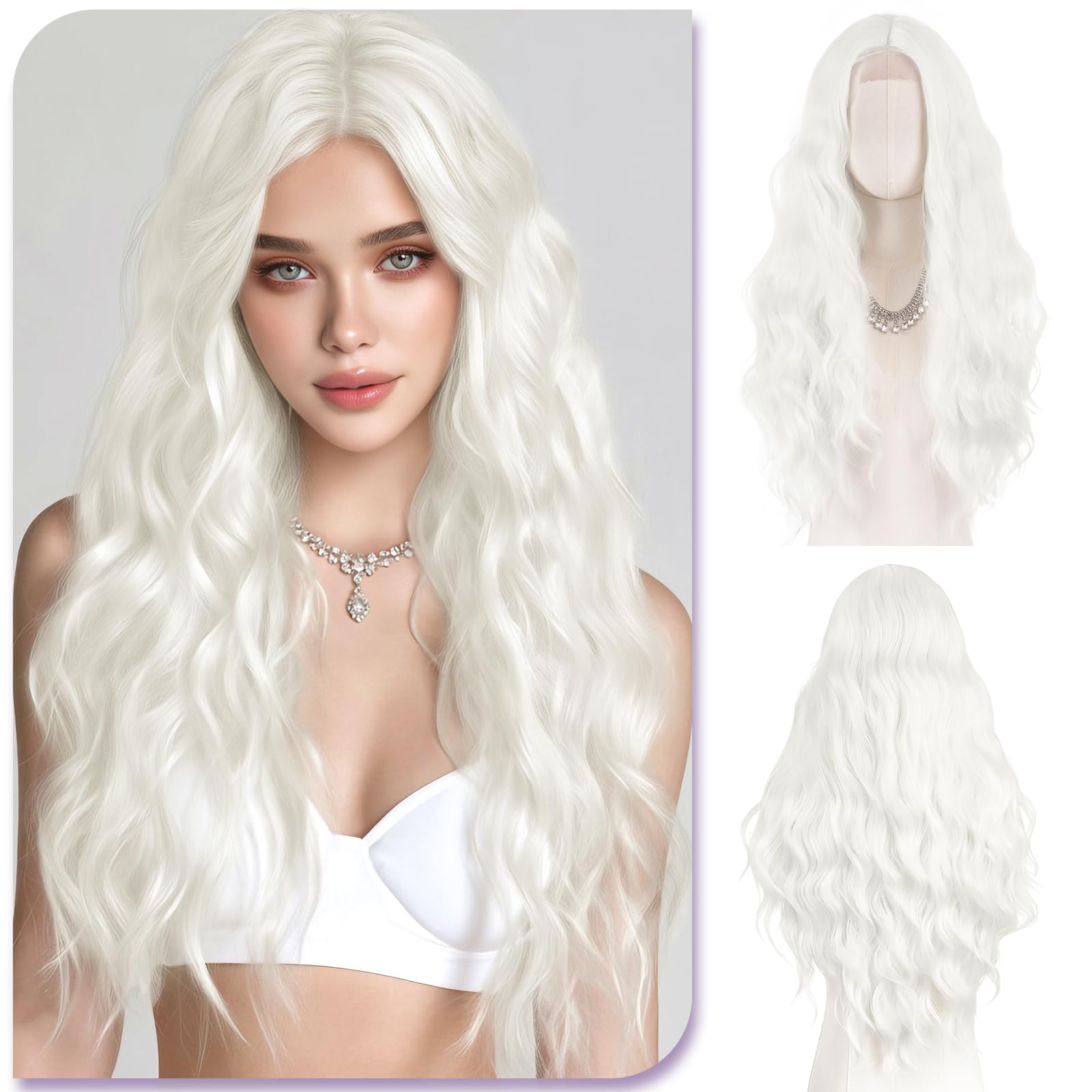 Sofeiyan Gewellte Wellig perücke,70 cm Lange Weiß Mittelscheitel Damen Perücken,Hitzebeständige Synthetische Haar Lockige,Natürliche Frauen Wigs für Alltag,Cosplay,Karneval