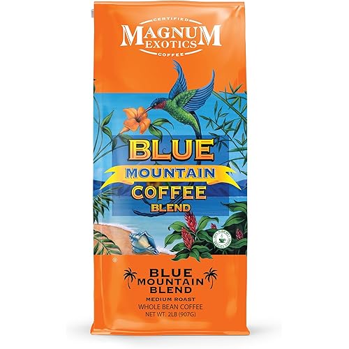 Magnum Exotics Coffee, Blue Mountain Blend - Whole Bean Coffee, Medium-Light Roast, Made from 100% Arabica Beans, Rich & Smooth Flavor, Fresh Roast - Blue Mountain Blend, 2 Lb (Pack of 1)