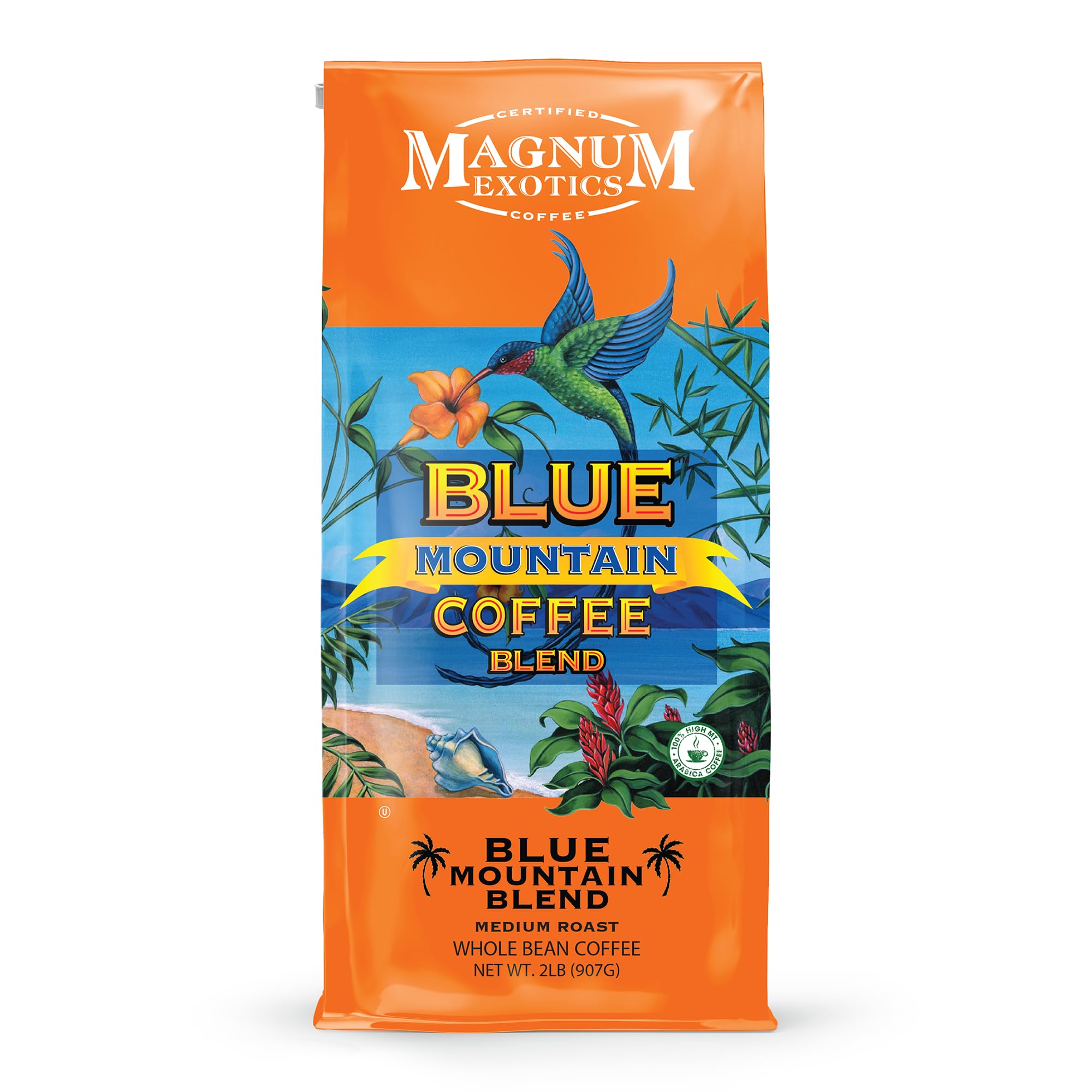 Magnum Exotics Coffee, Blue Mountain Coffee Blend - Medium-Light Roast, Whole Bean, Made from 100% Arabica Beans, Rich & Smooth Flavor, Fresh Roast - Blue Mountain Blend, 2 Lb