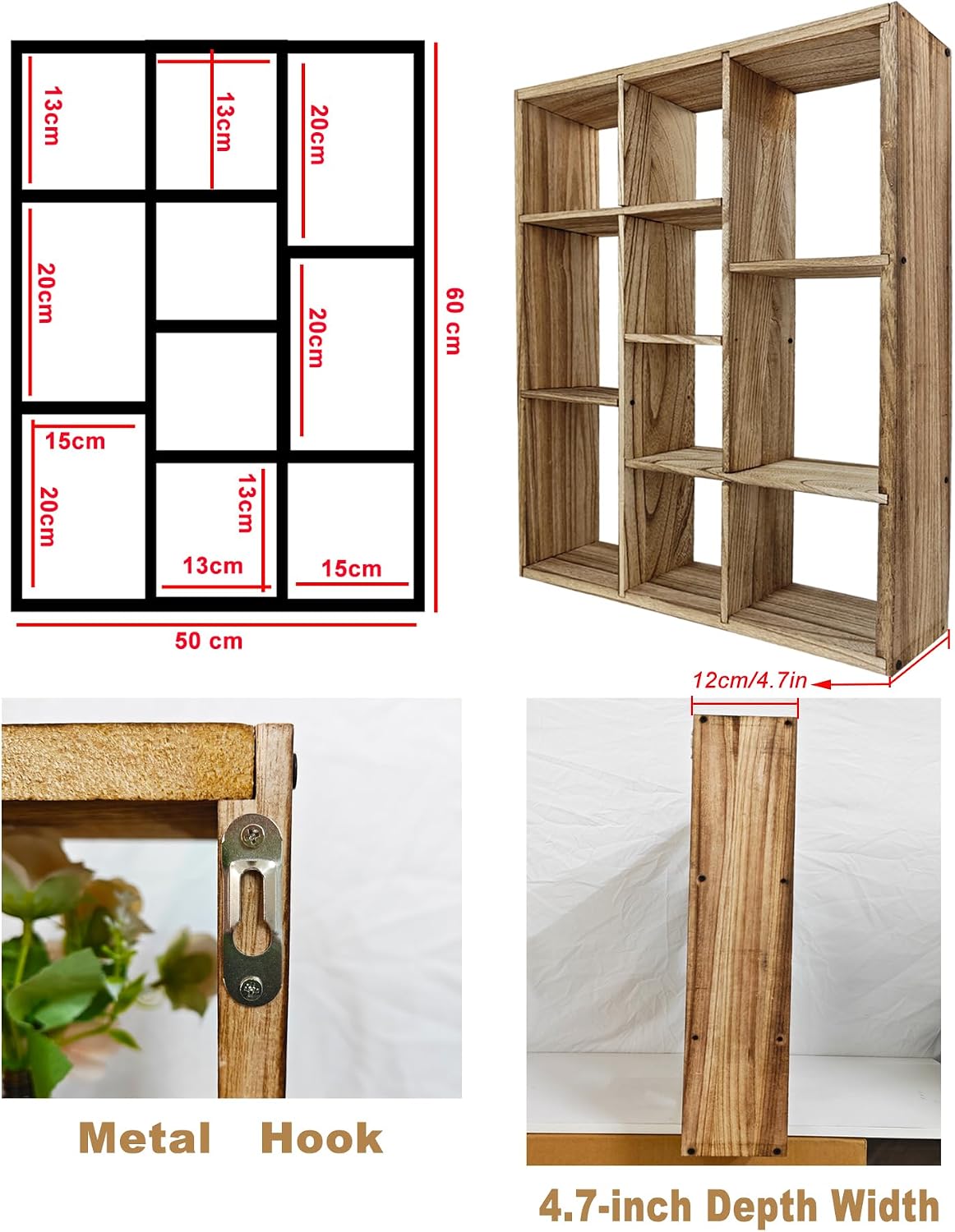 10 Grid coffee mug display shelf,19 X 24" Wooden cup shelf for wall,Carbon