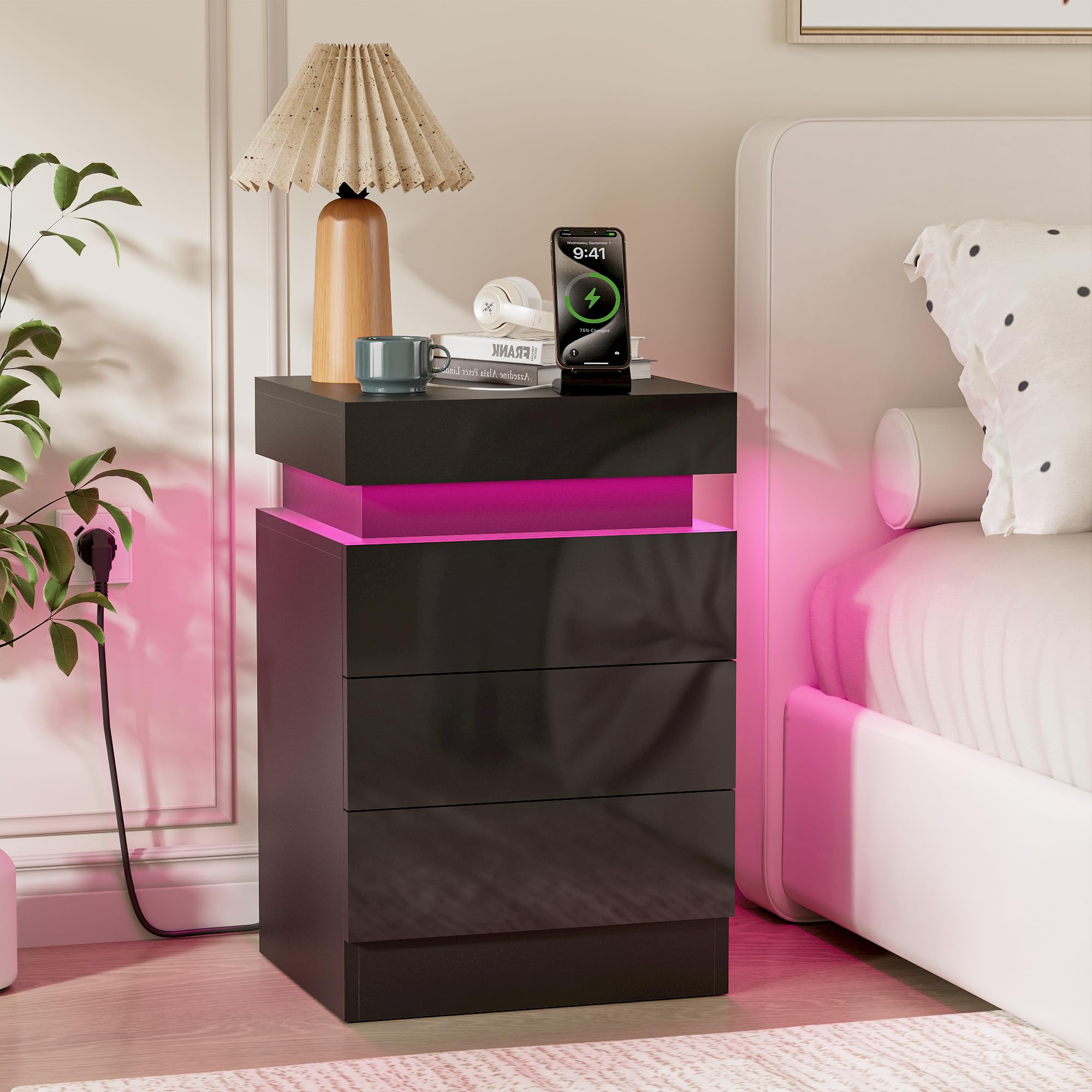 Ztexkee LED Bedside Table with Power Socket 40x35x61 cm Nightstand with RGB light End Table 3 drawers Cabinet for Bedroom Living Room Black — image 1