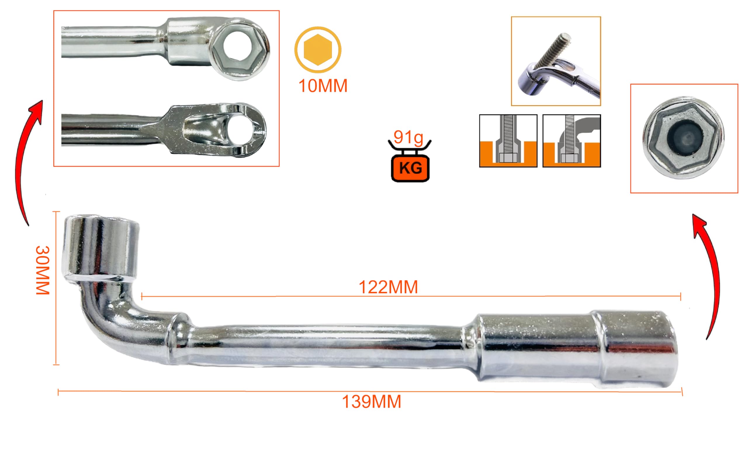 GOLDTOOLS Open pipe wrench, 10 mm, 6 sides x 6 sides, 90° angled head, chrome vanadium steel (10 mm), 10MM - Image 2