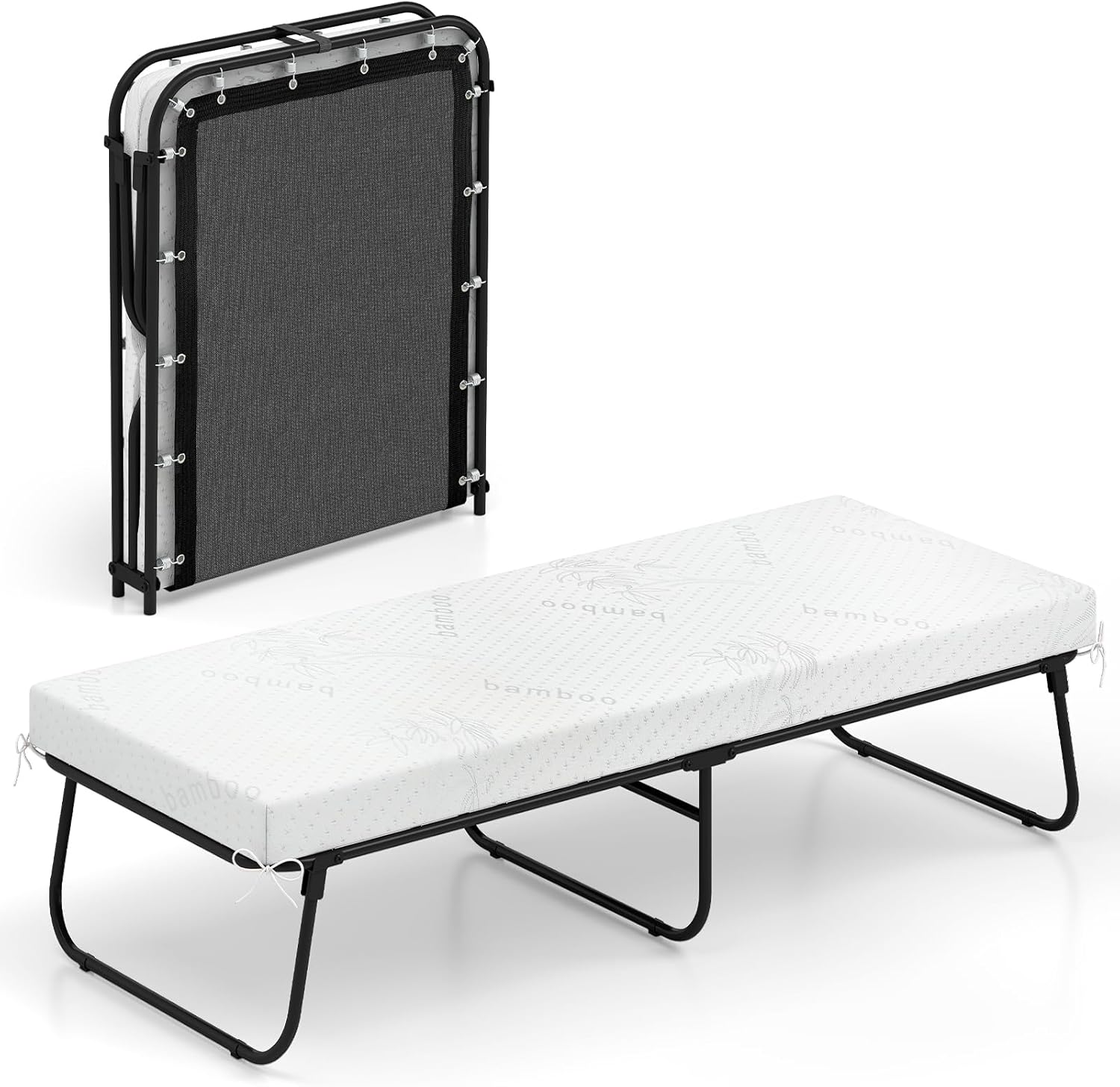 Giantex Folding Bed with Mattress, 75" x 31" Rollaway Guest Bed with Memory Foam & Heavy-Duty Metal Frame, Space-Saving Fold up Beds, Cot Size Portable Roll Away Beds for Adults