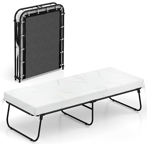 Giantex Folding Bed with Mattress, 75" x 31" Rollaway Guest Bed with Memory Foam & Heavy-Duty Metal Frame, Space-Saving Fold up Beds, Cot Size Portable Roll Away Beds for Adults