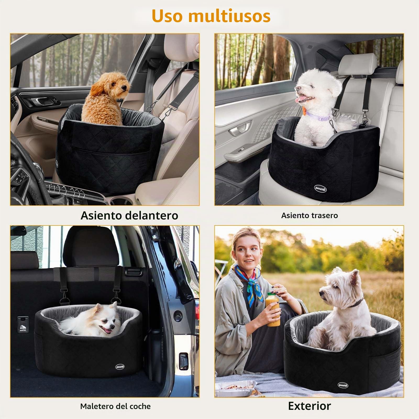 Pecute Asiento de Coche para Perros Pequeños y Medianos, Transportin Asiento Elevador para Perros con Bolsillos de Almacenamiento y Cojín 15cm, Silla Cama de Viaje para Mascotas,hasta 13,6 kg