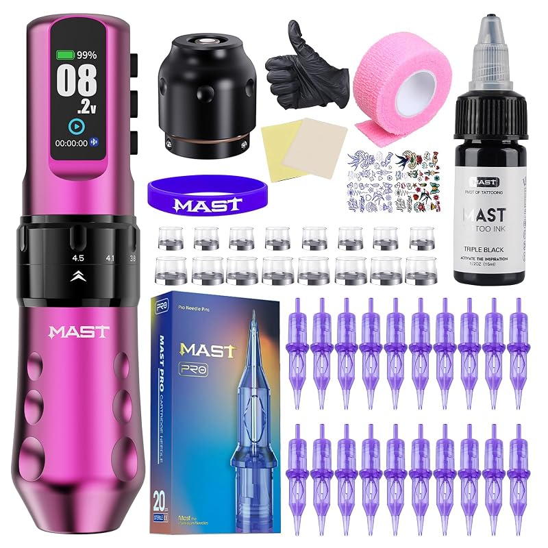 Máquina de Tatuagem sem Fio MAST TATTOO Flip4 Pro com Motor Mcore-C1.1, 7 Cursos Ajustáveis de 2,5 a 4,5 mm e Kit Completo