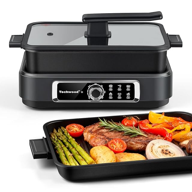 Slow Cooker Techwood Electric Skillet 7 5-Quart Extra-large Capacity Multi-Cooker with 5-Level Heat Settings Come with Non-stick Skillet