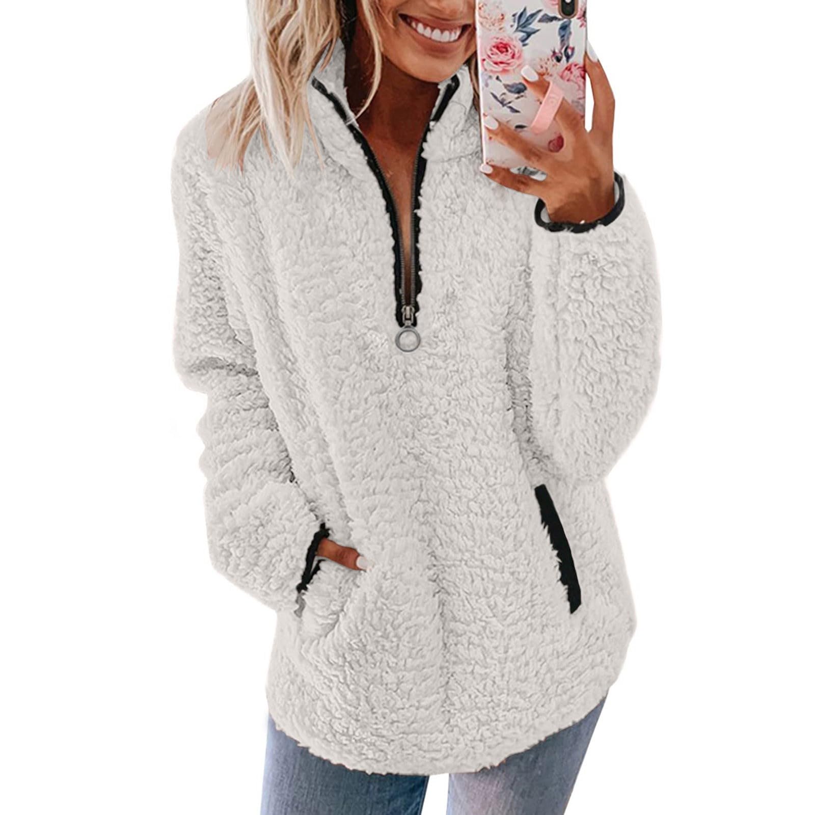 Sudadera de forro polar para mujer, mullida, con bolsillos, sudadera casual con cremallera de 1/4, manga larga, cuello alto, acogedora, para invierno