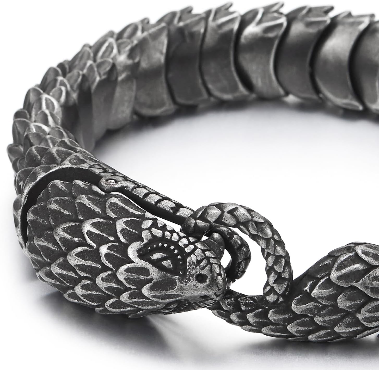 COOLSTEELANDBEYOND Retro Style Mens Steel Snake Link Chain Bracelet, Vintage Old Metal Finishing, Spring Hook Clasp