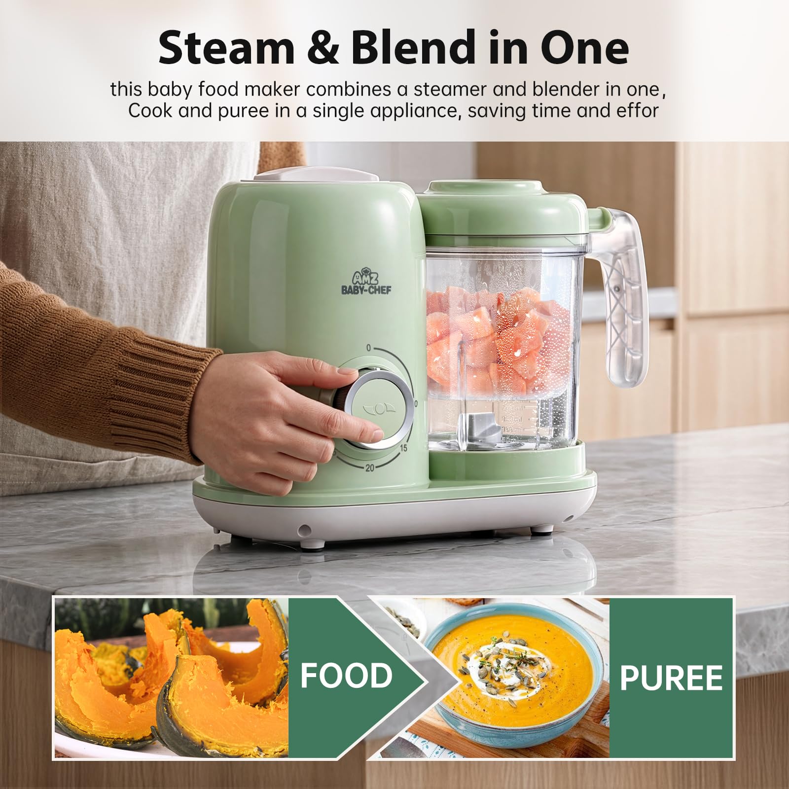 AMZBABYCHEF Máquina de alimentos para bebés, procesador de alimentos para bebés 4 en 1 y vaporizador, licuadora de puré, máquina multifuncional para puré de bebé, apta para lavavajillas (verde)