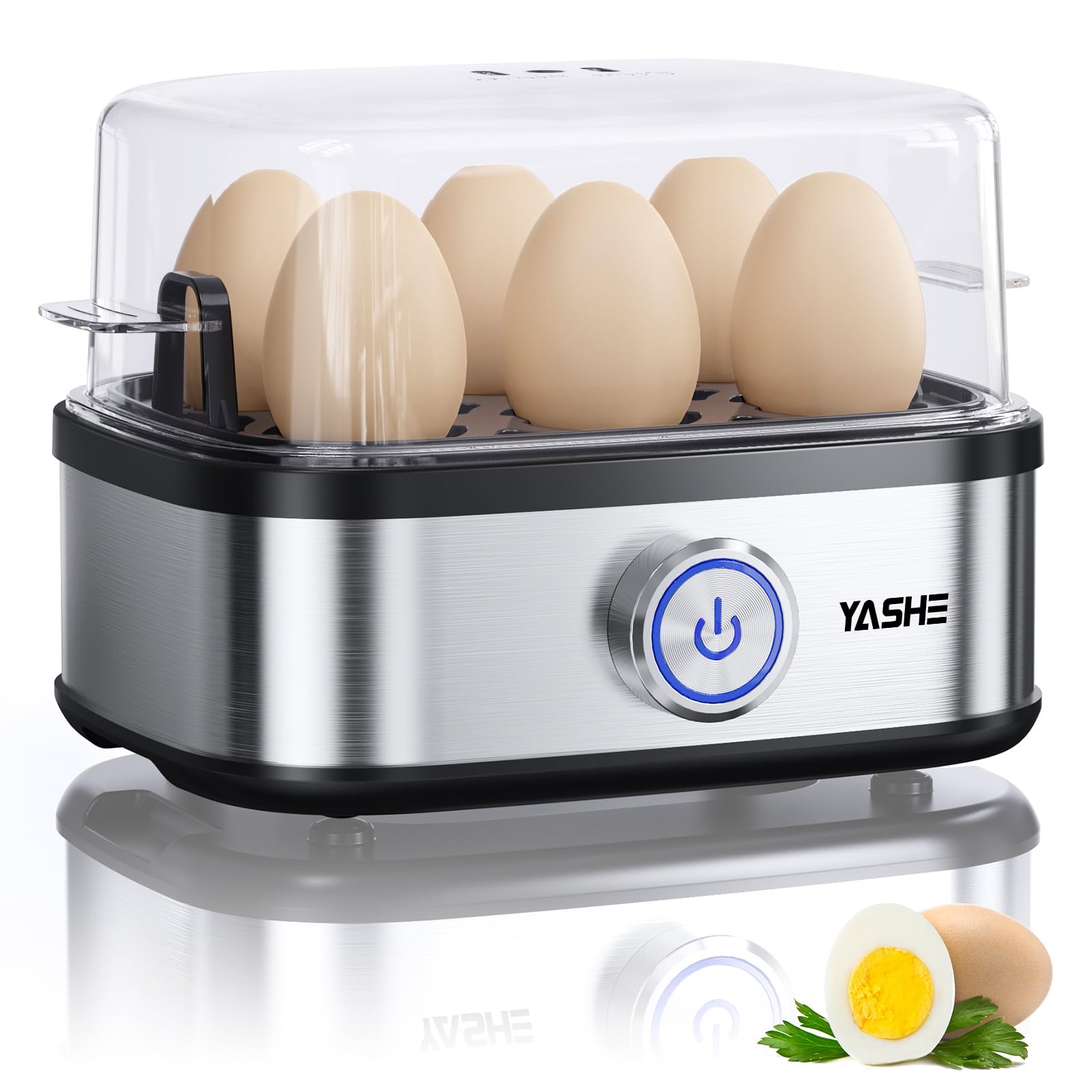 YASHE Cuociuova, 400W Cucitore di Uova Compatto Multifunzione, 6 uova facili da Sbucciare, Morbide, Medie, Dure, Poached, Omelet maker, Vaporiera, Segnale Acustico, Luce Indicatrice