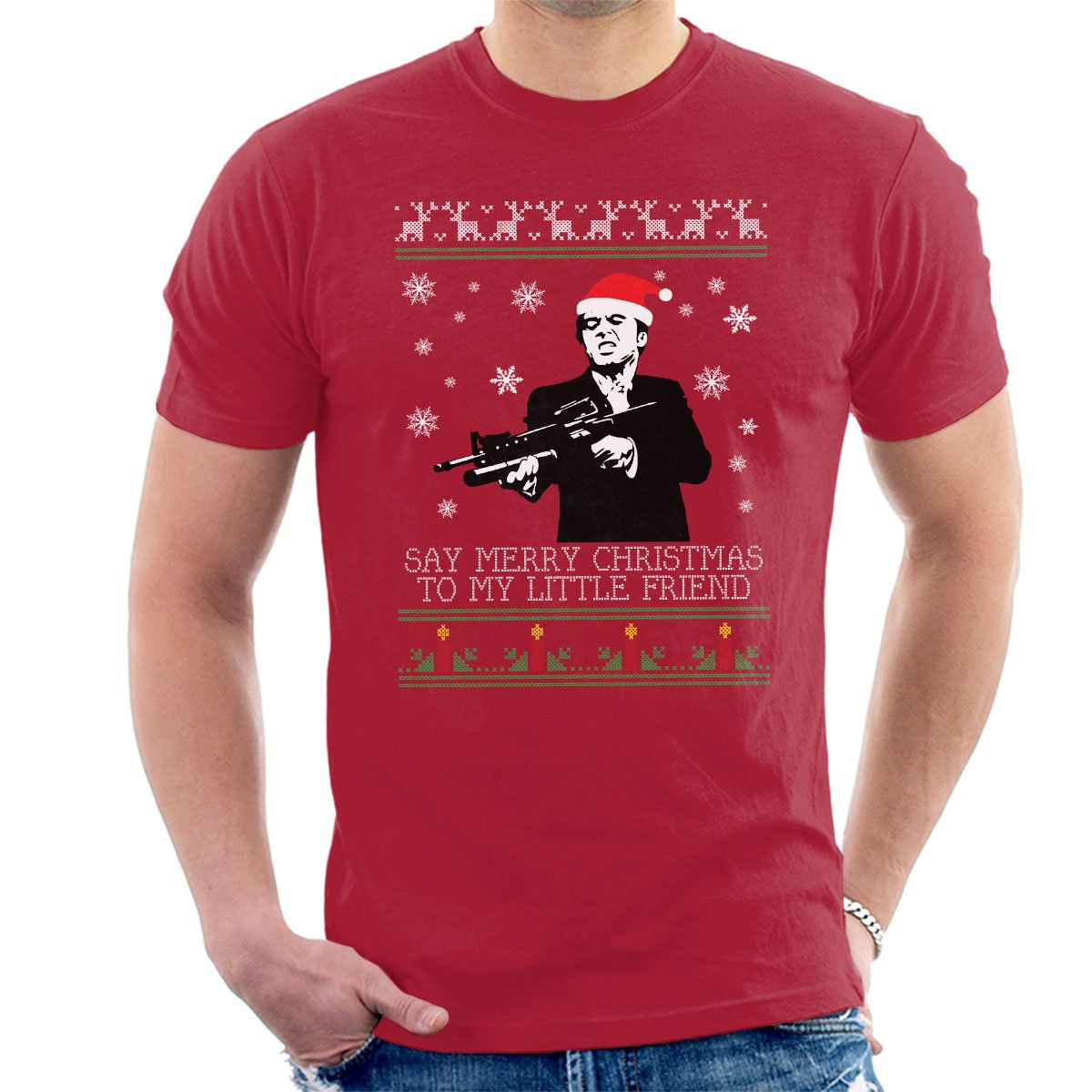 Cloud City 7 Men's Cherry Red Merry Christmas Little Friend Scarface Christmas Knit T-Shirt