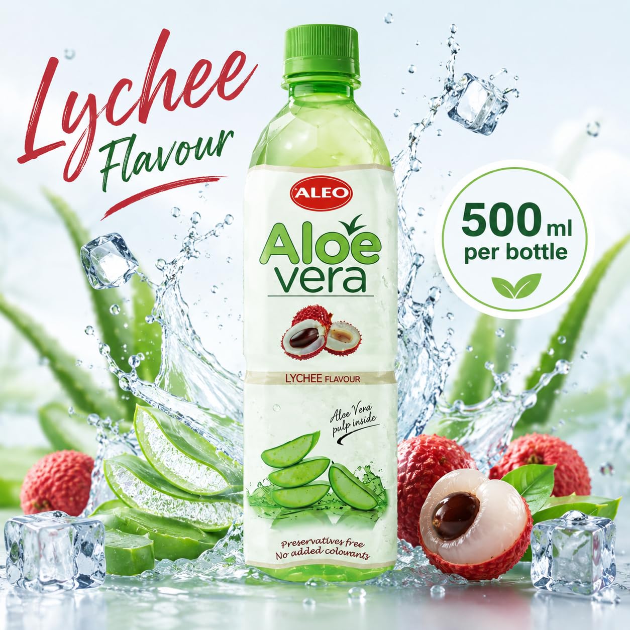 ALEO 0.5L Premium Lychee Aloe Vera Drink - Natural, No Preservatives, No Artificial Colors Superior Taste Award 2025