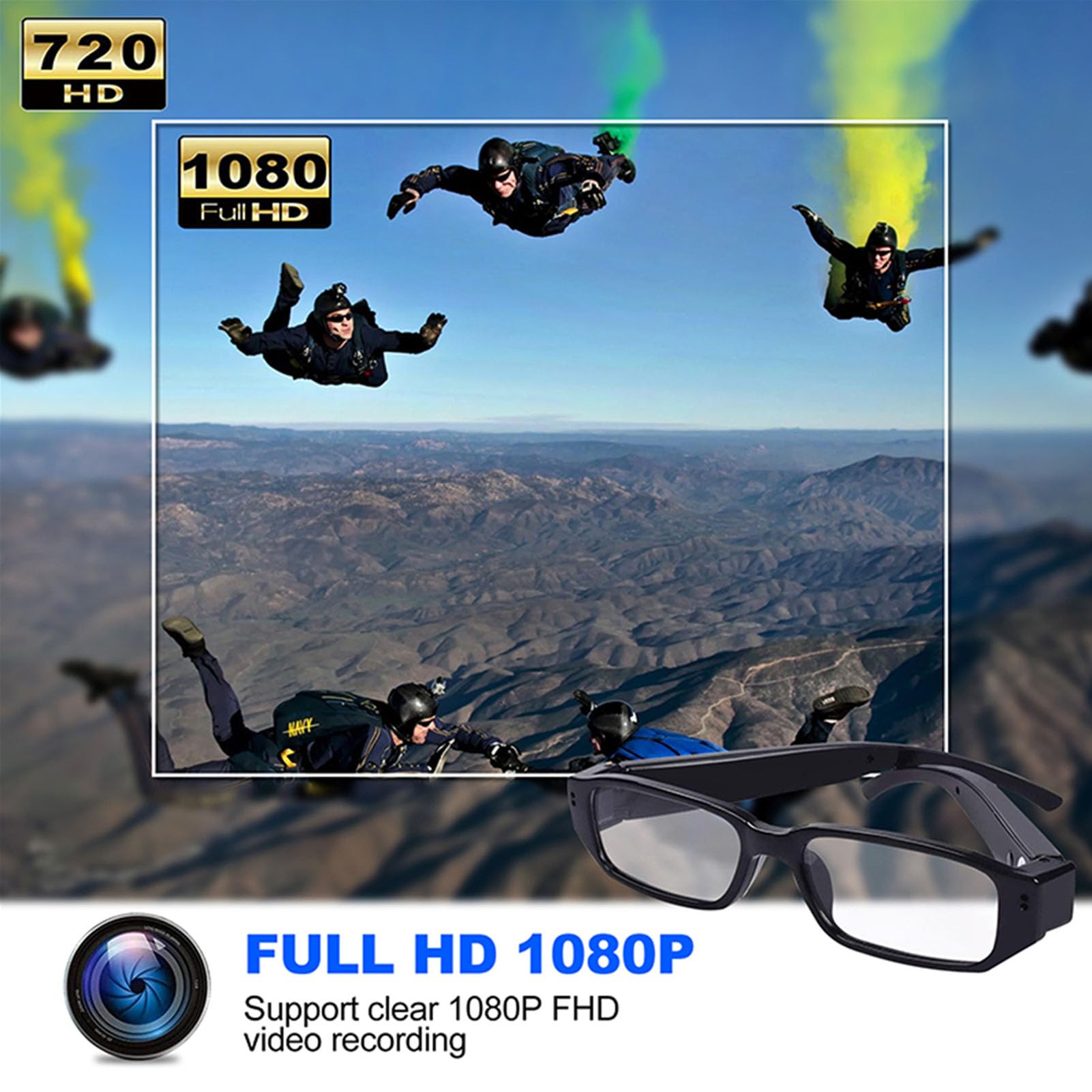Gafas para Cámara, Grabación Vídeo HD 1080P, Lente Gran Angular Antivibración Inteligente, con Cable Transferencia USB, para Ciclismo, Deportes, Actividades Al Aire Libre