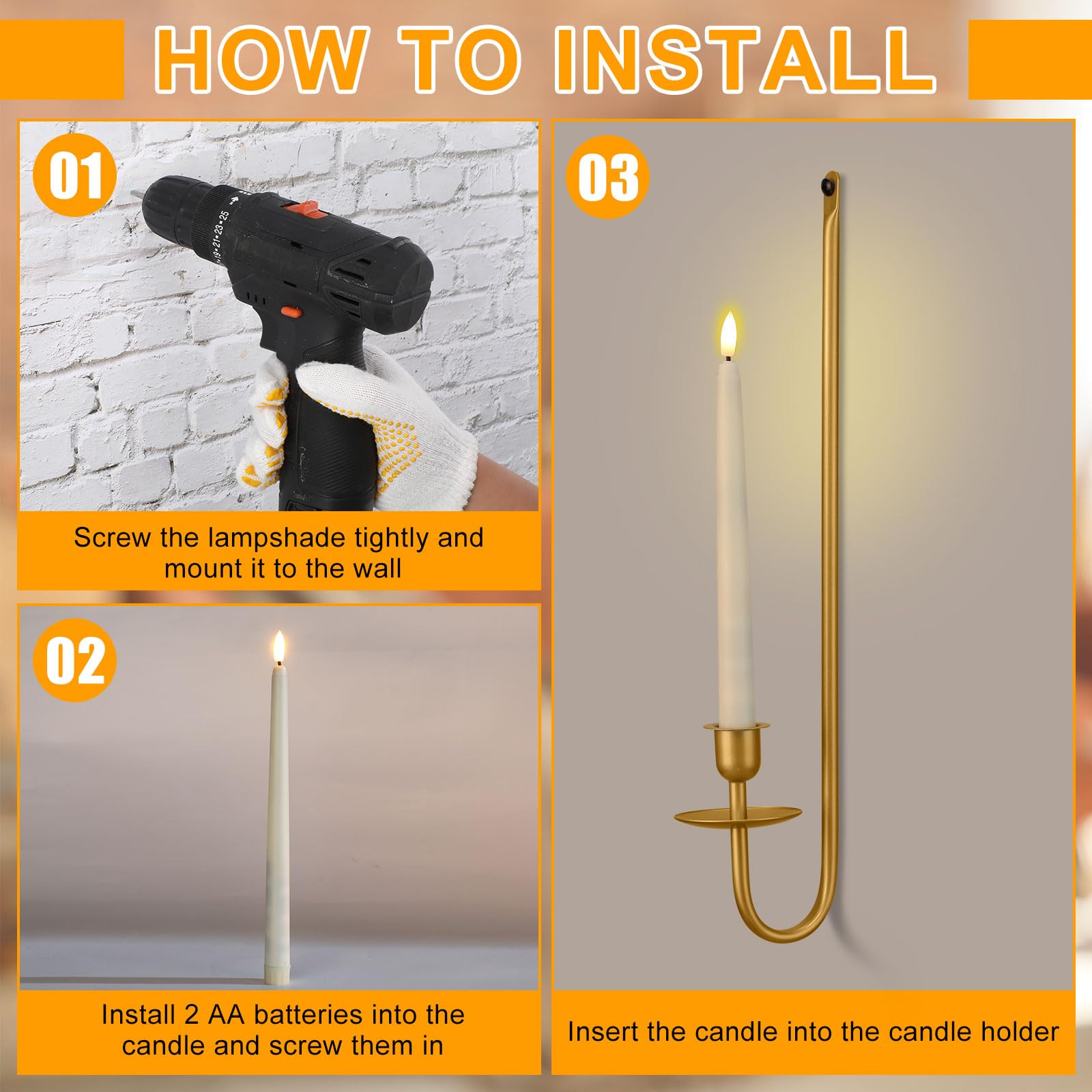 tessco for You - Juego de 2 candelabros de metal para montaje en pared con velas cónicas sin llama y temporizador remoto, velas LED de 9.6 pulgadas, portavelas de pared colgante de 16.5 pulgadas para