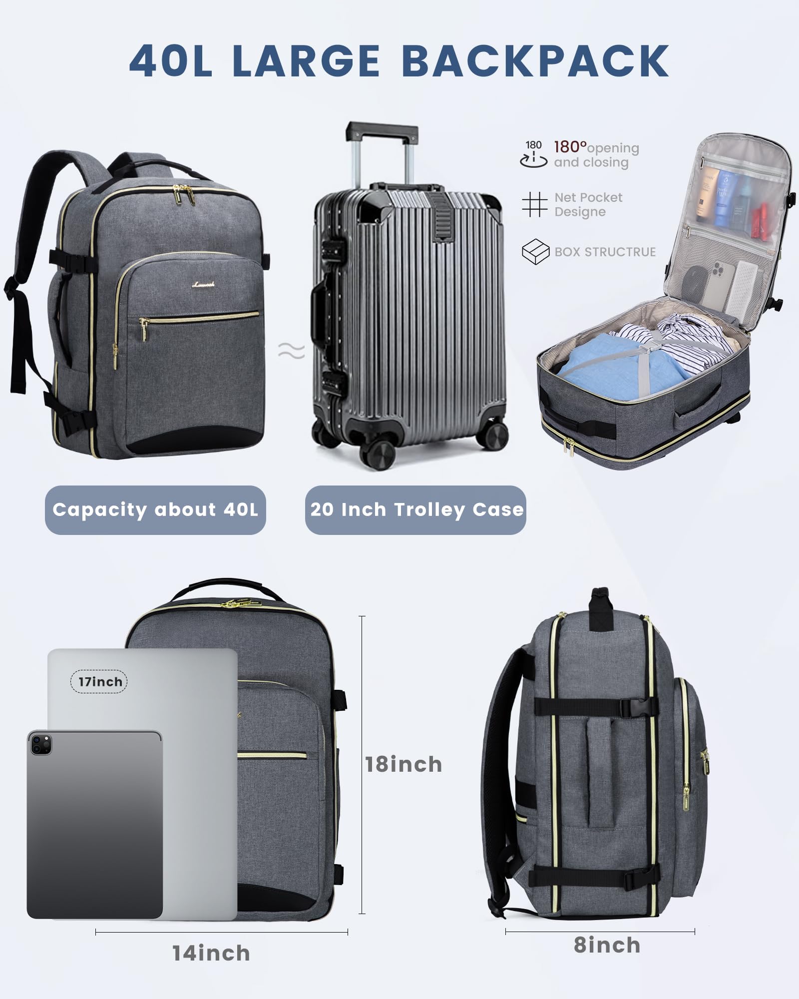 LOVEVOOK Zaino da Viaggio Aereo Bagaglio a Mano, Impermeabile Zaini Trolley Bagaglio Donna 40L Cabin Max per Ryanair Easyjet, Grande Zaino Porta PC 17 Pollici Valigia Borsa a Zainetto