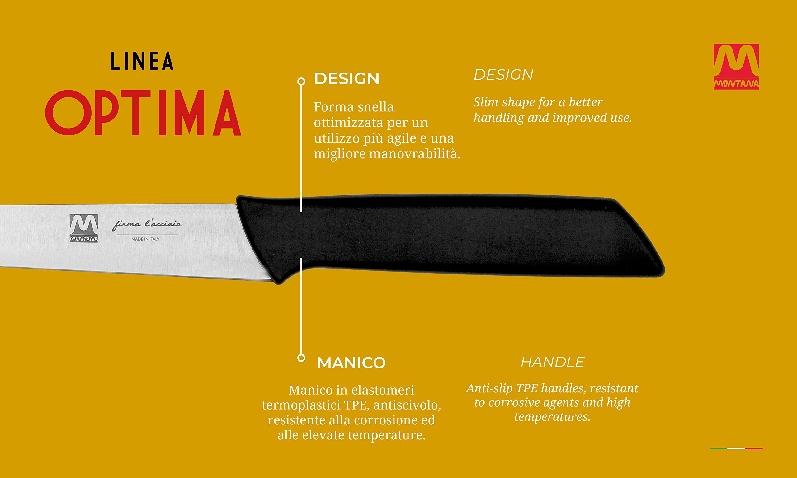 Montana Optima Coltello da Cucina per Sfilettare Pesce, Coltello Cucina con Lama Flessibile in Acciaio Inox all'Azoto 18 cm e Manico Ergonomico, Coltelli da Cucina Professionali Made in Italy