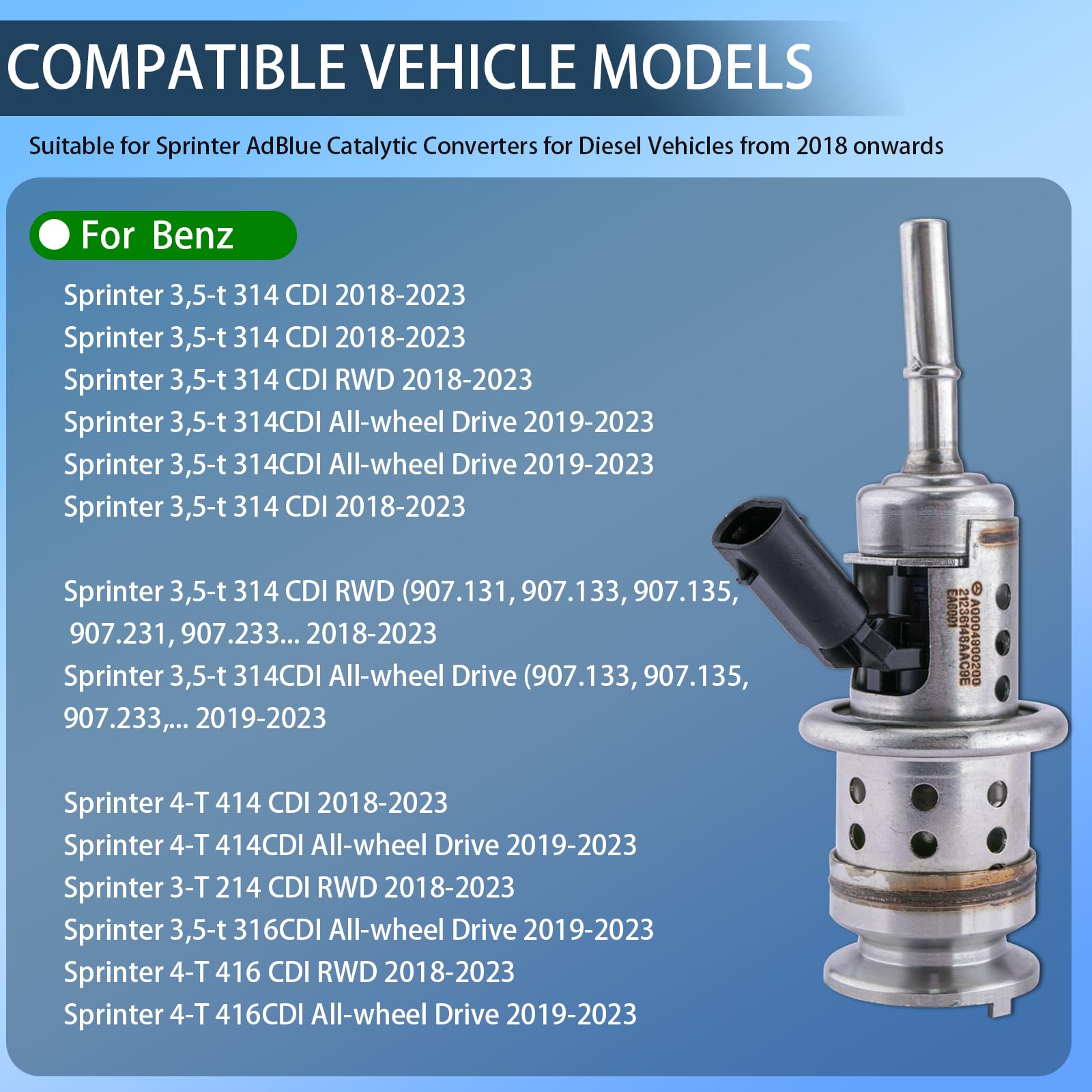 Diesel AdBlue Inyector A0004900200 para Benz Sprinter 3.5t 4T 3T RWD AWD | para Benz Sprinter 3.5t 314 316 CDI Sprinter 4T 414 416 CDI Sprinter 3T 214 CDI Tracción Trasera RWD AWD Inyector combustible