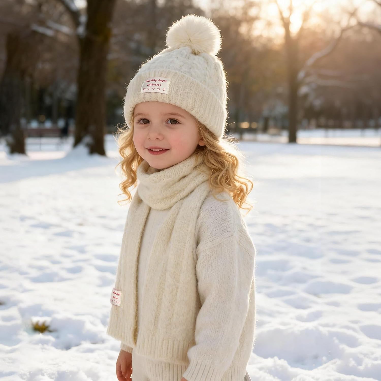 Kids Winter Hat Scarf Set for Girls Boys, Toddler Knit Beanie Hat and Neck Warmer Sets with Warm Cotton Lined Pom - Image 2