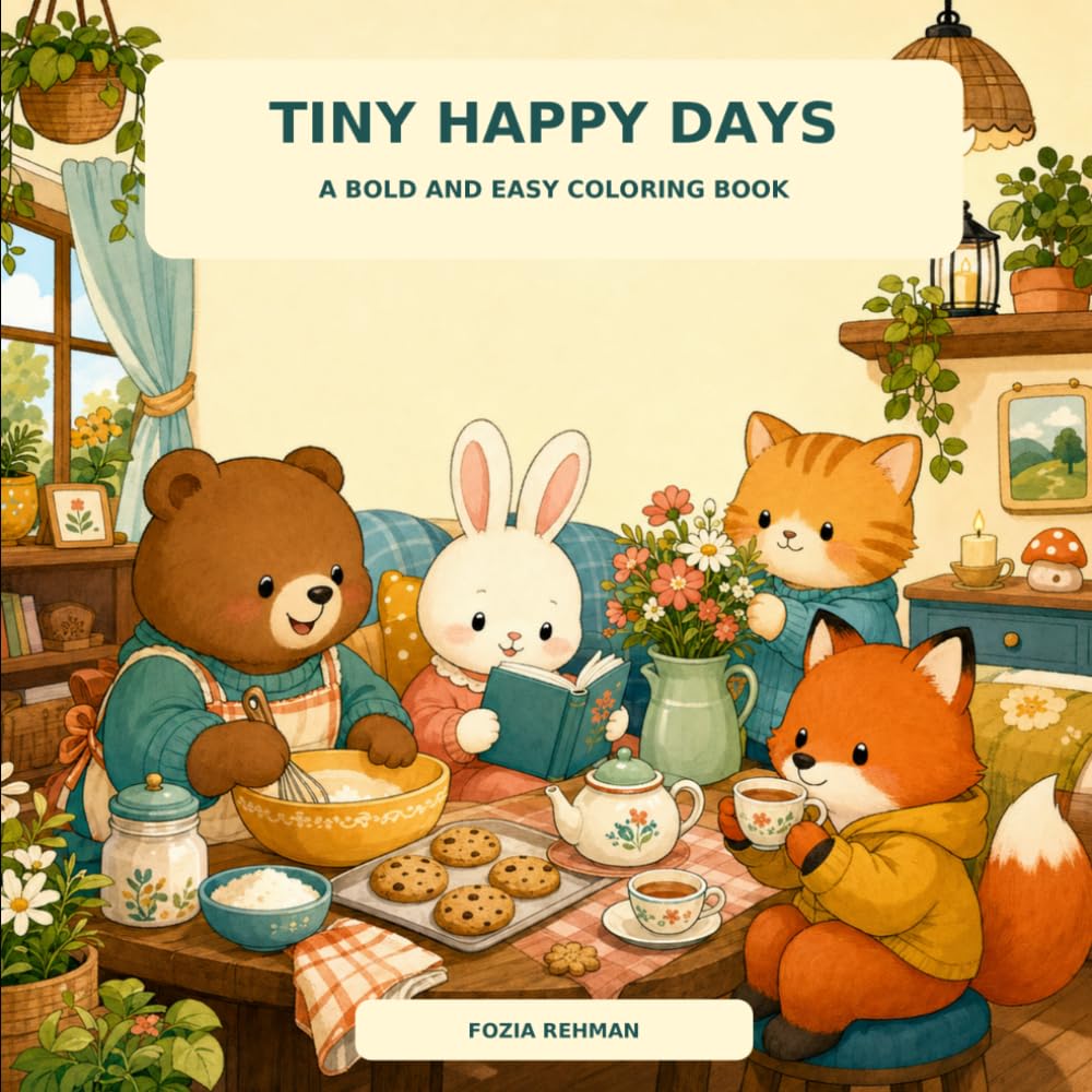 Tiny Happy Days: A Bold and Easy Coloring Book Featuring Cute Animal Friends in Cozy Everyday Moments